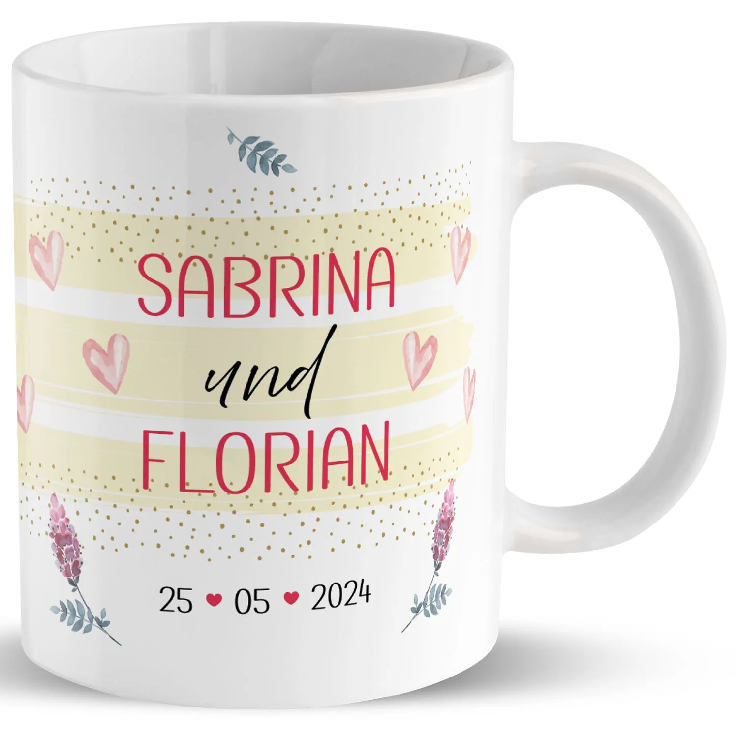 Personalisierte Porzellan-Tasse mit Sabrina und Florian, Datum 25.05.2024, Herz-Dekor