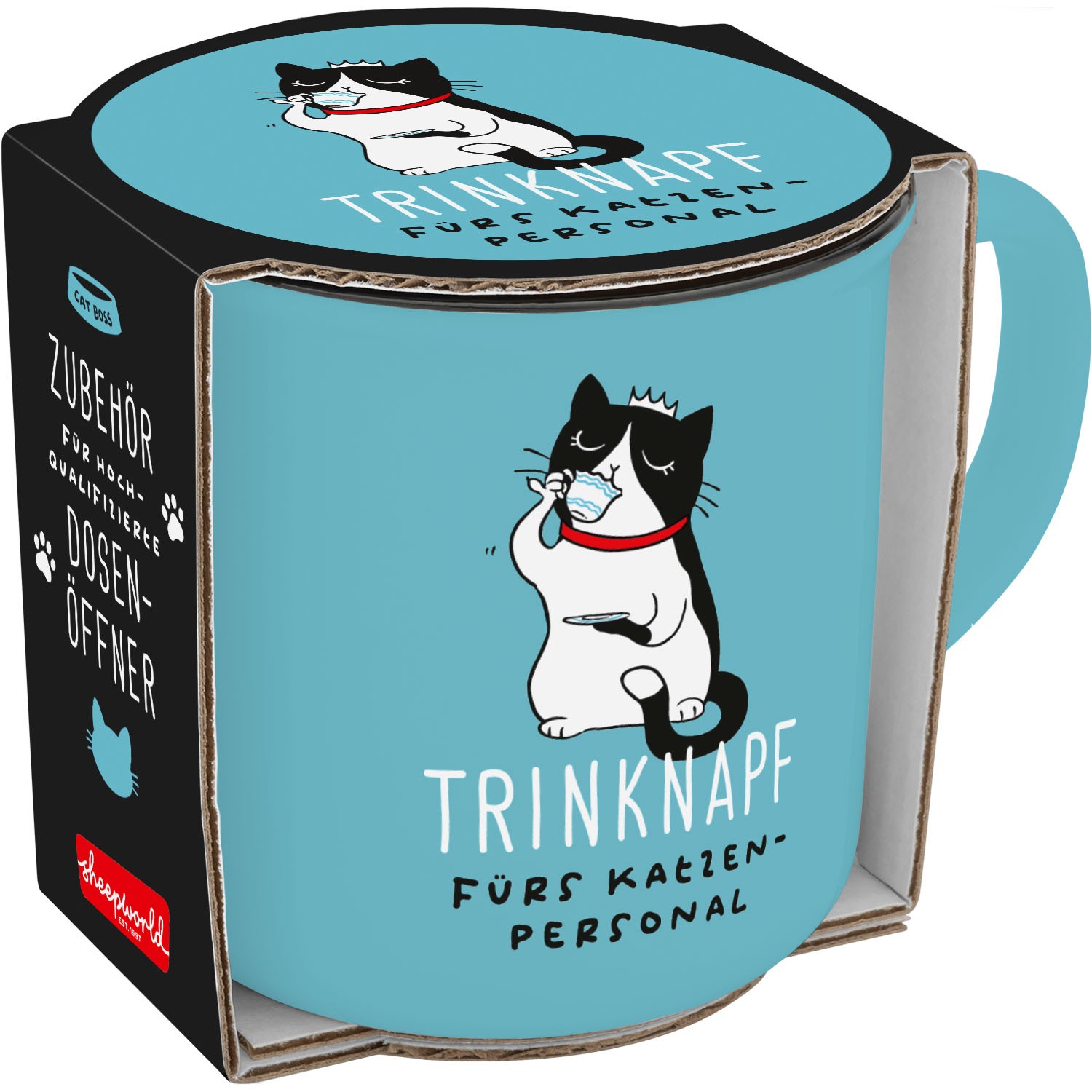 Porzellan-Becher in Türkis mit Katzenmotiv und Spruch Trinknapf fürs Katzenpersonal, 35 cl
