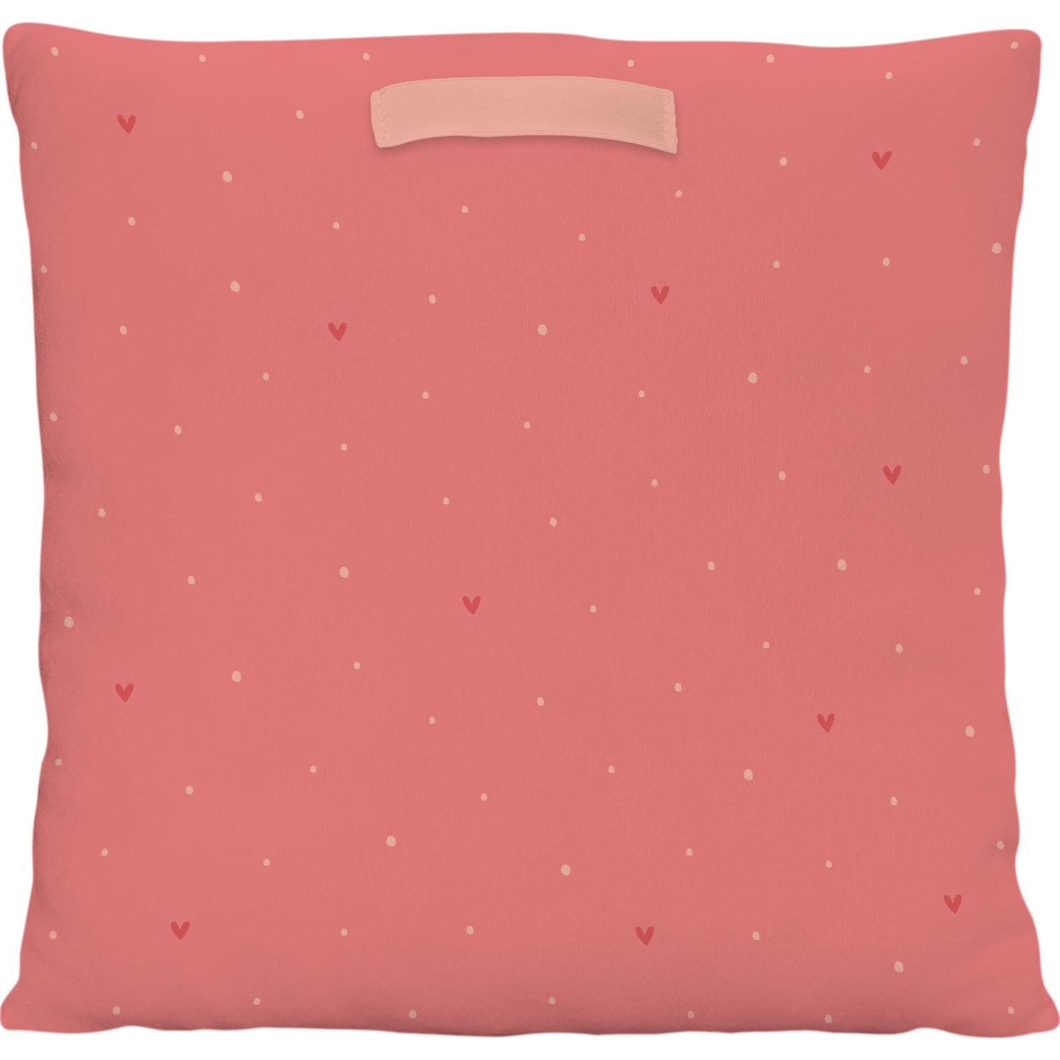 Pinkes Plüschkissen mit weißen Punkten und Herzchen, Loop-Aufhänger, 25x25 cm.