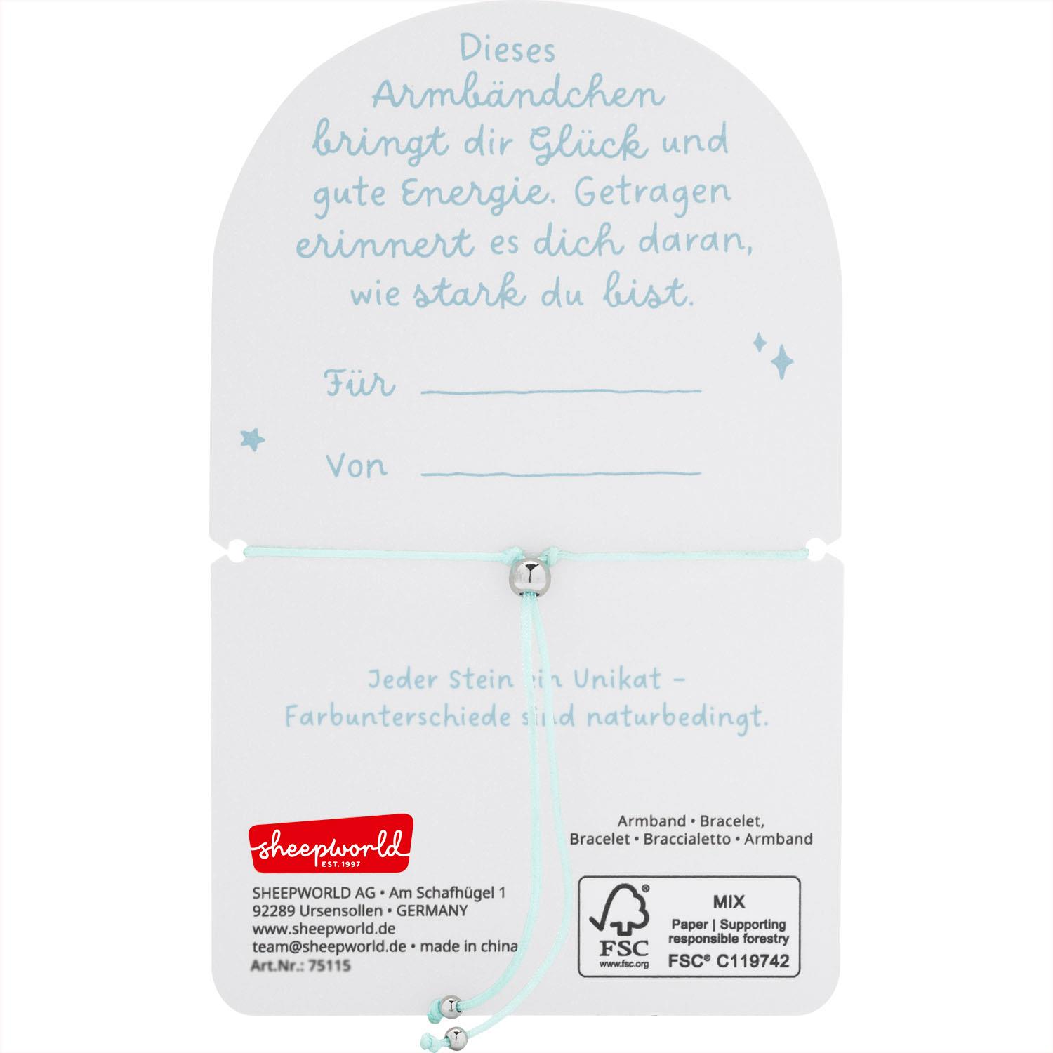 Armband Chalzedon mit mintgrüner Schnur und drei Halbedelsteinen auf matter Hedercard