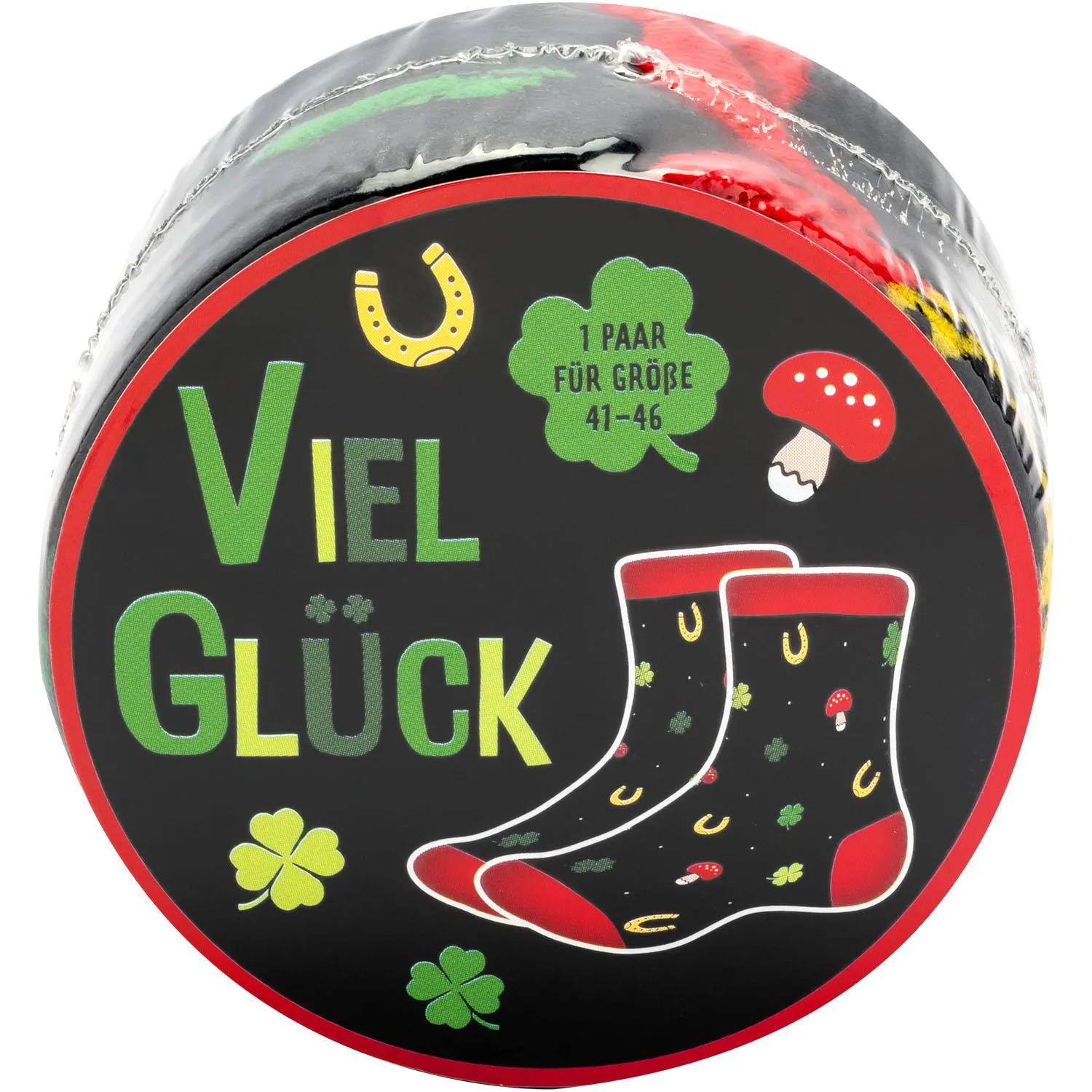 Zaubersocken Viel in runder Verpackung mit Glücksmotiven (Kleeblätter) – 1 Paar, Größe 41–46