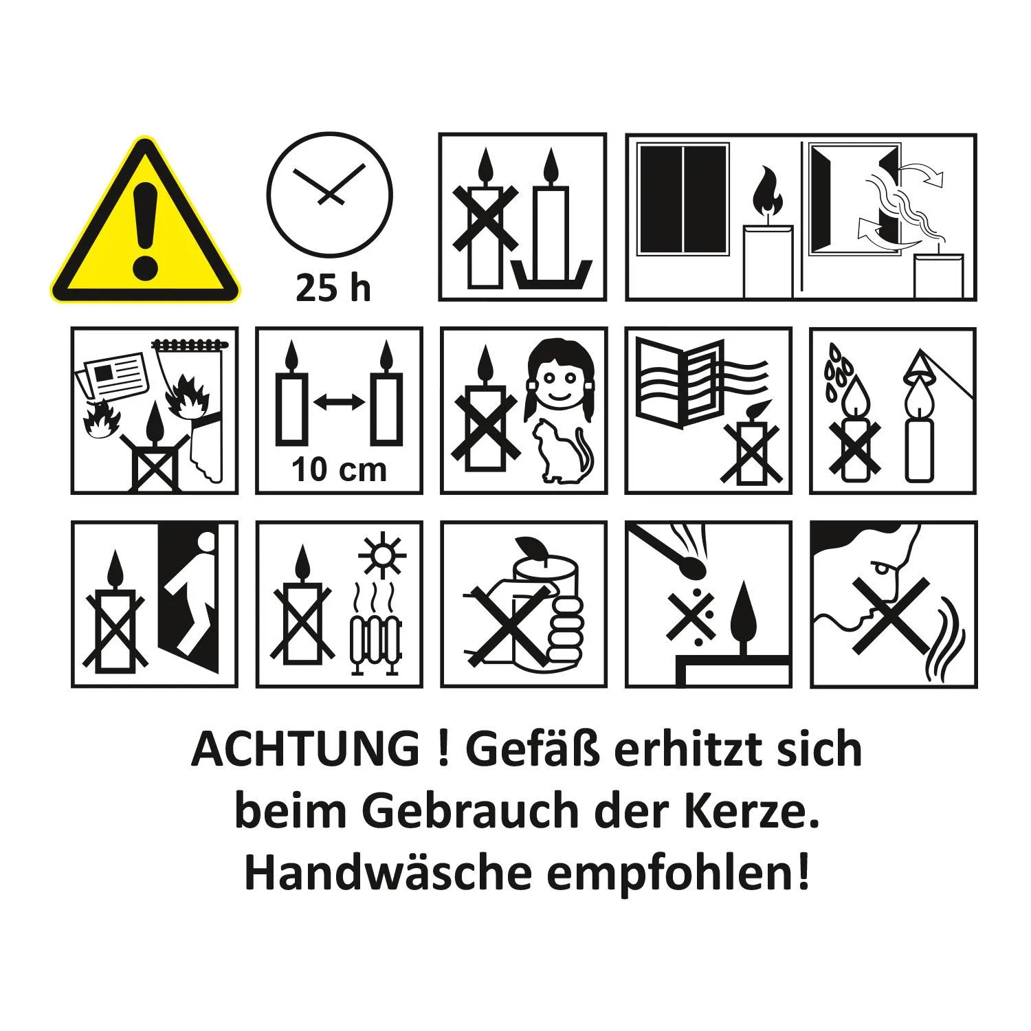 Weiße Knisterkerze in Steinzeuggefäß mit Vanilleduft und Holzdocht; Etikett mit Warnsymbolen