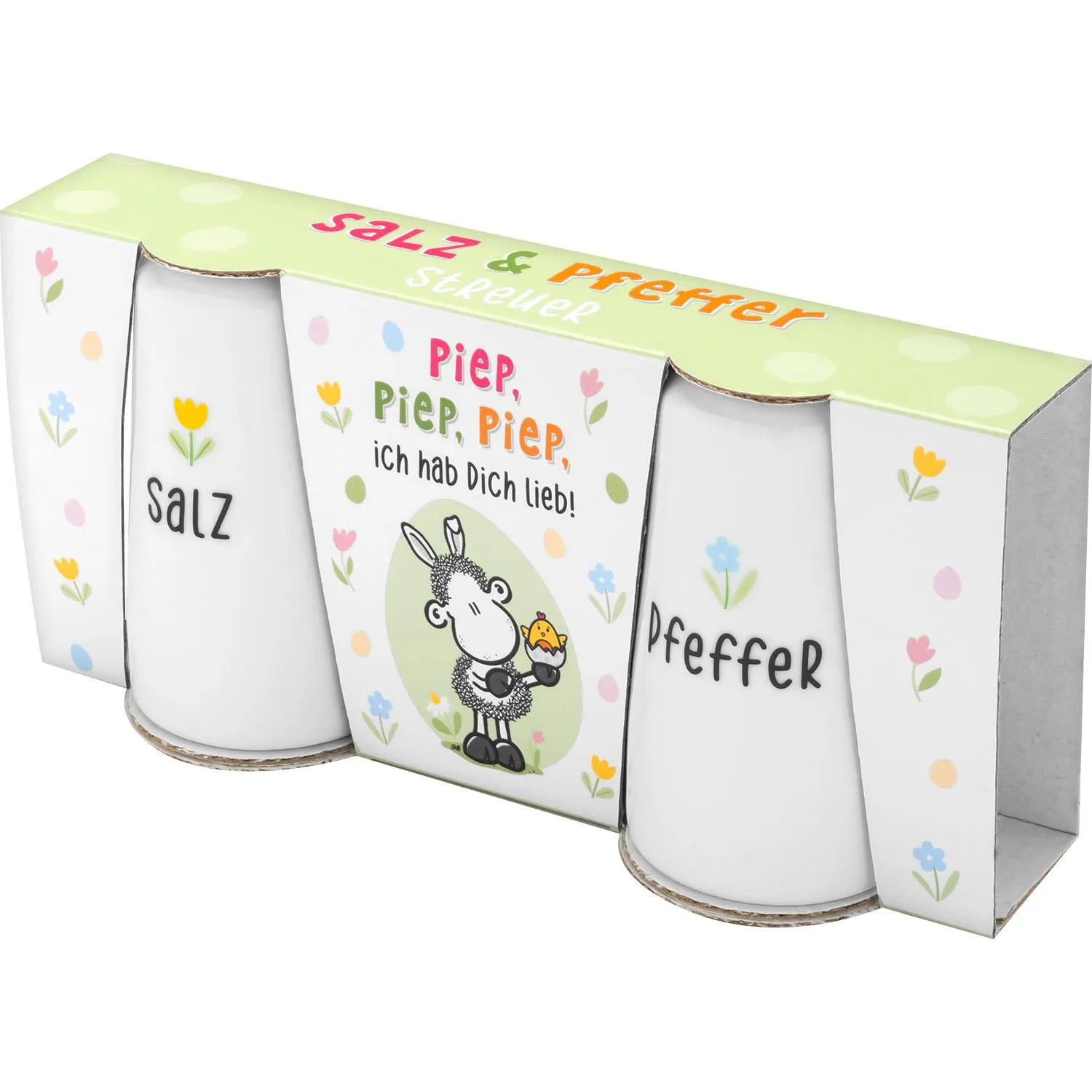 Porzellan-Salz- und Pfefferstreuer mit Schaf-Motiv in Pastellfarben, Geschenkverpackung.