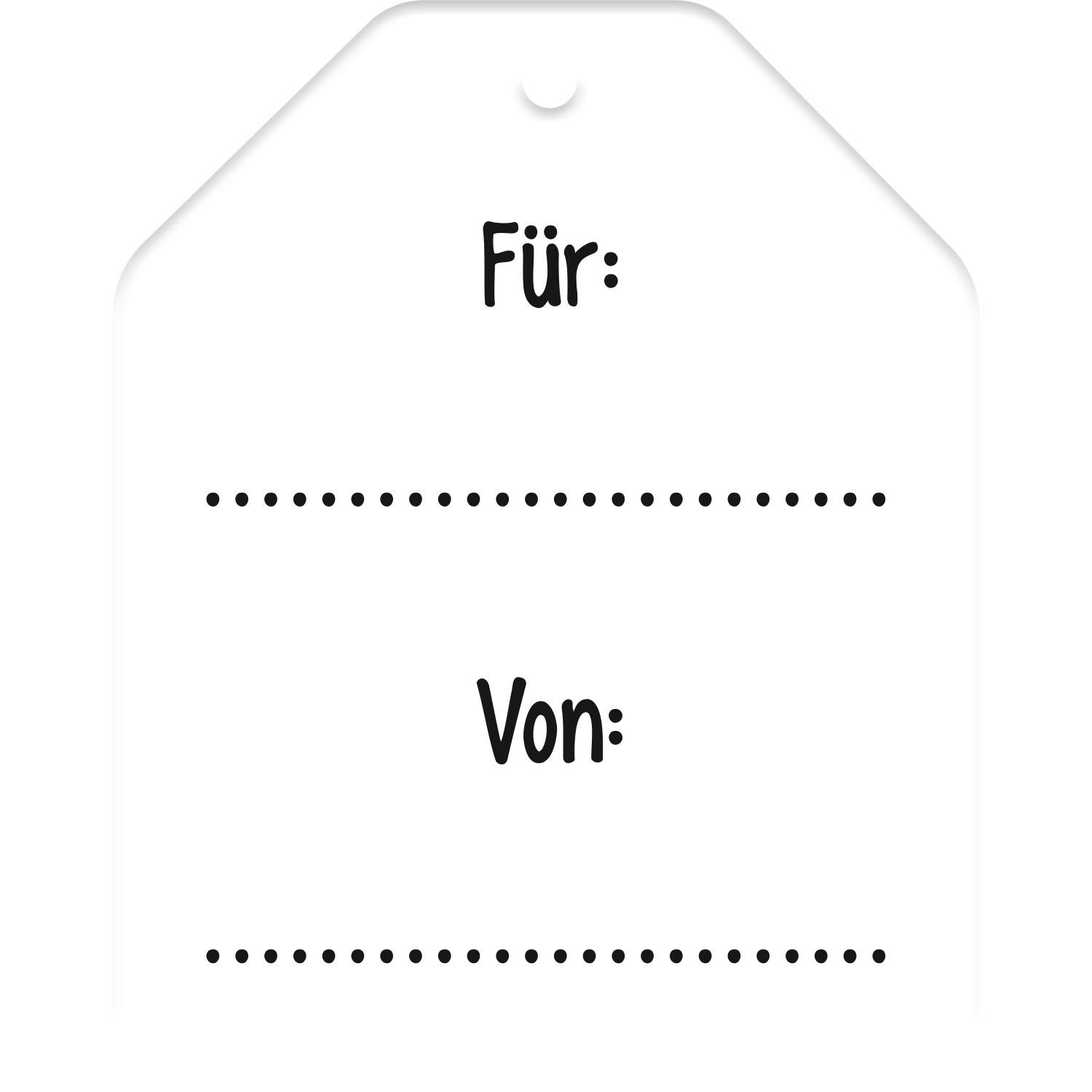 Weißer Geschenkanhänger mit Loch oben, Für- und Von-Felder, gepunktete Linien