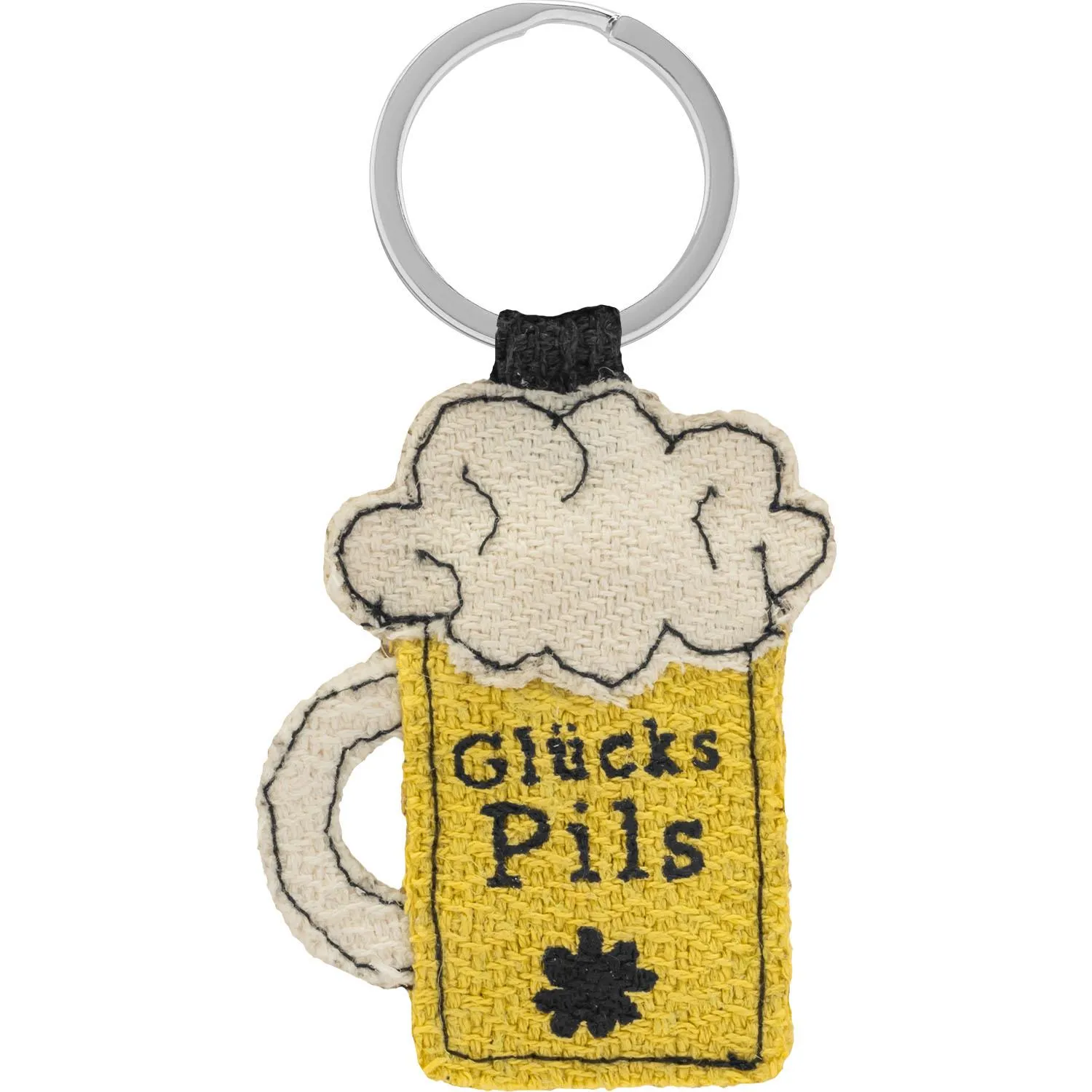 Schlüsselanhänger in Form eines gelben Bierglases mit Schaum und dem Schriftzug Glücks Pils