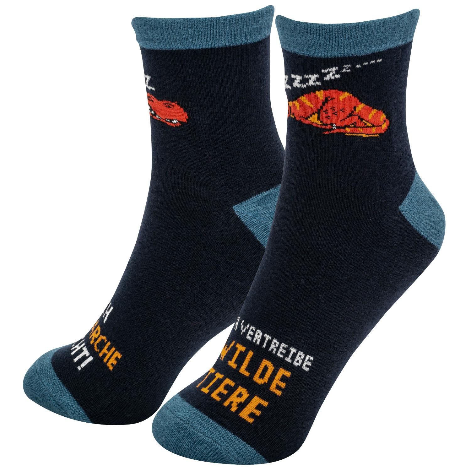 Dunkelblaue Socken mit türkisfarbenen Akzenten und orangefarbenem Dinosaurier-Motiv.