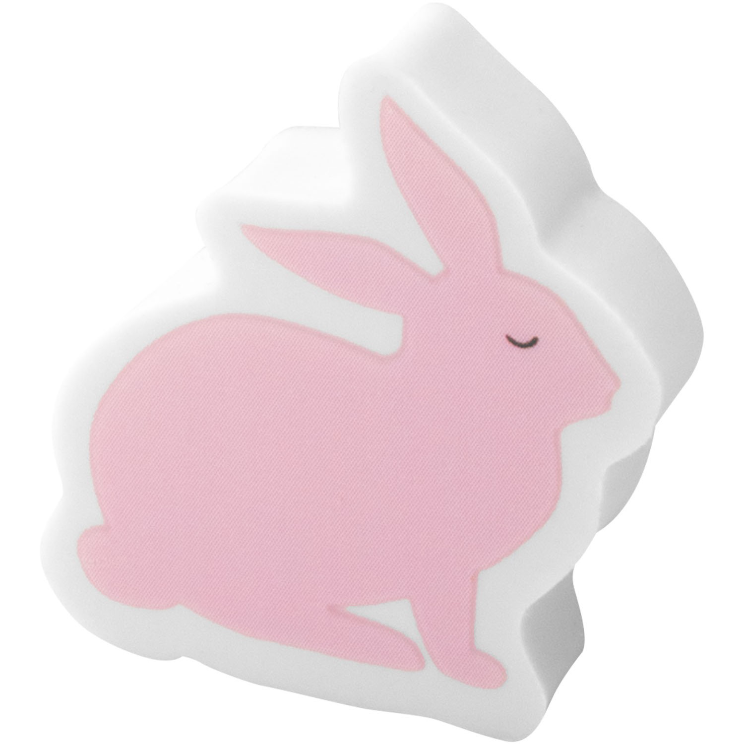 Weißer Gummi-Radierer in Häschenform mit rosa Aufdruck – niedlich und praktisch.