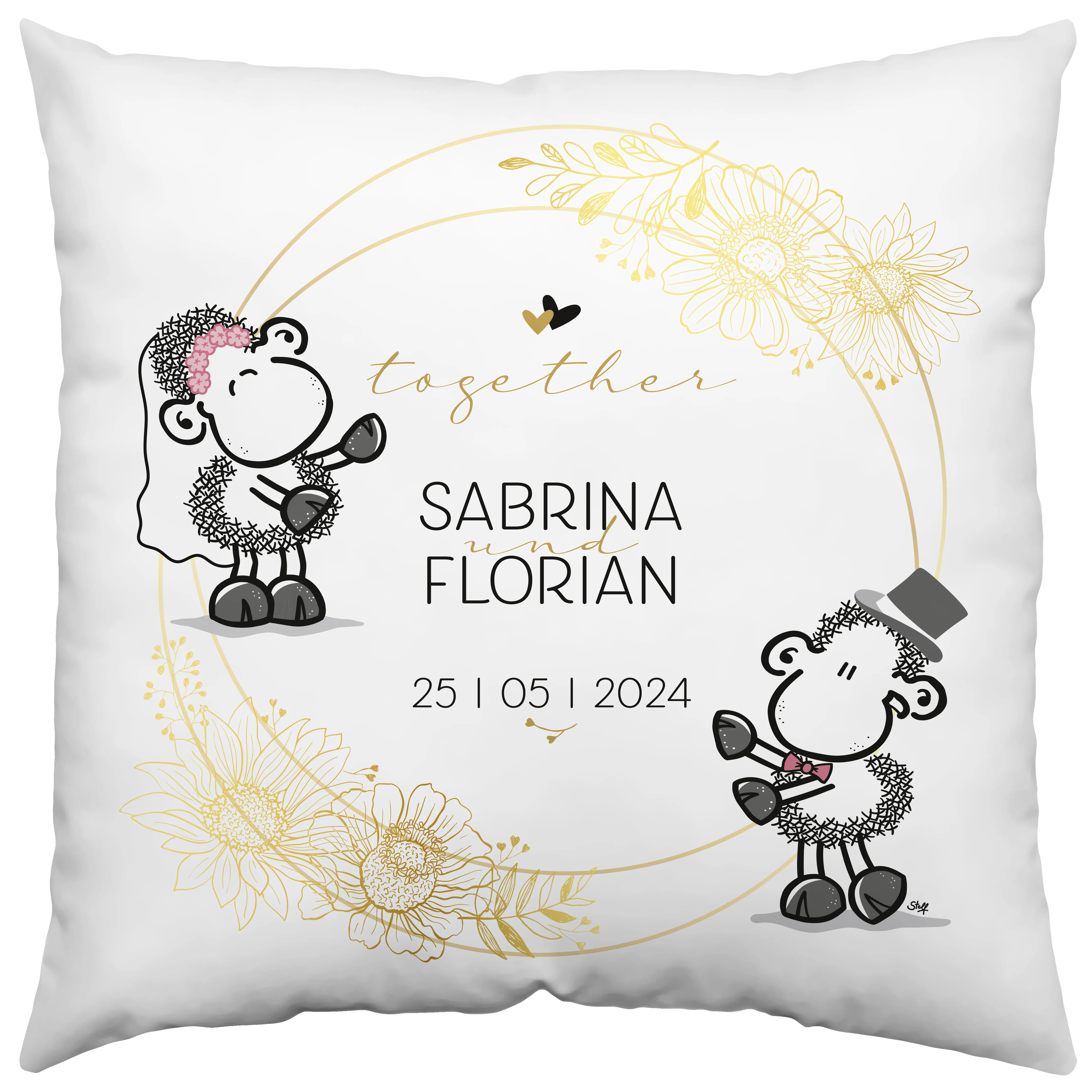 Personalisierte Hochzeitskissenhülle mit Schäfchen-Motiv, Sabrina & Florian, Datum 25.05.2024