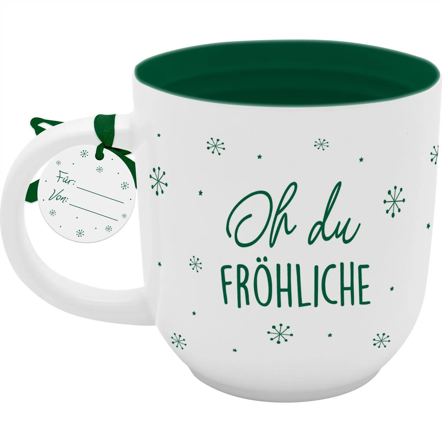 Weiße Porzellan-Tasse mit grünem Innenraum und Schneeflocken