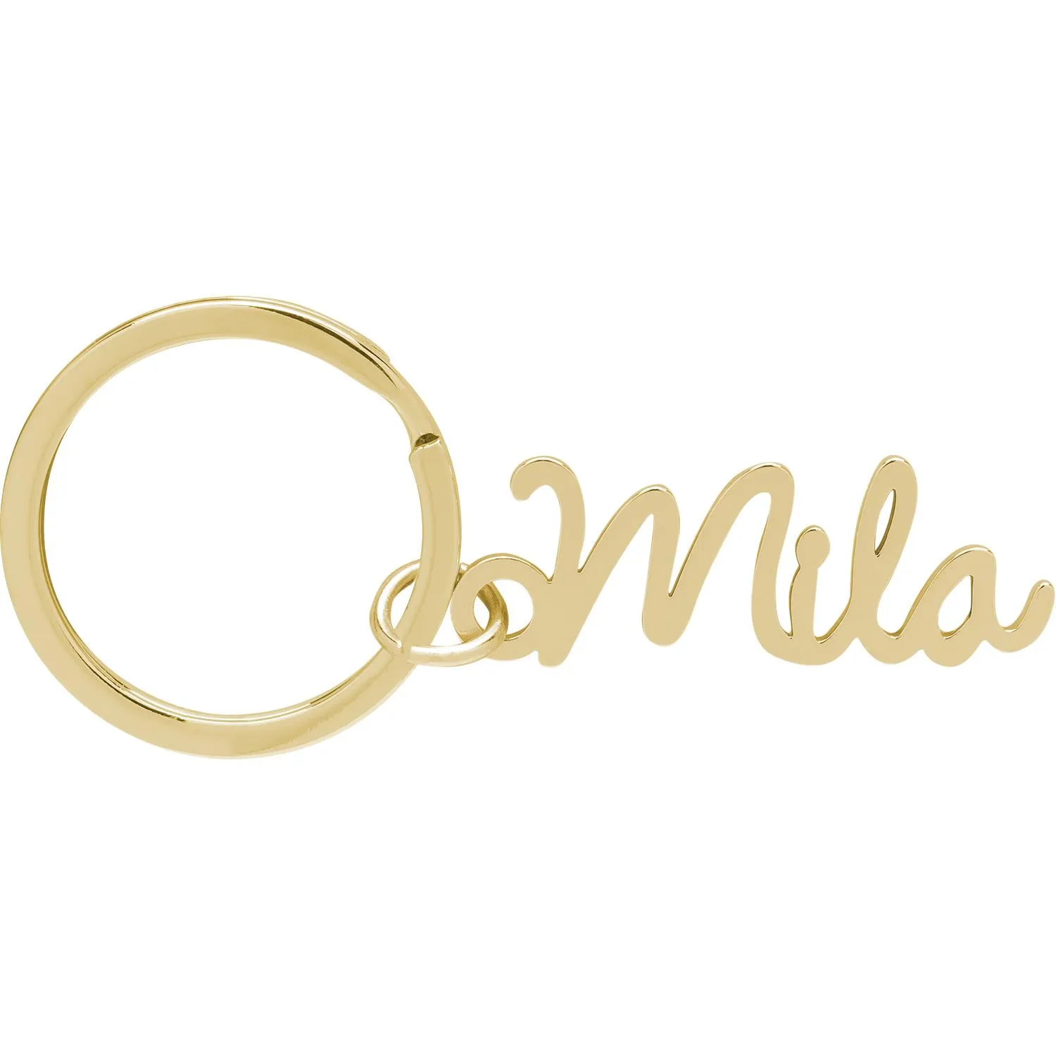 Goldfarbener Namens-Schlüsselanhänger Mila in geschwungener Schrift