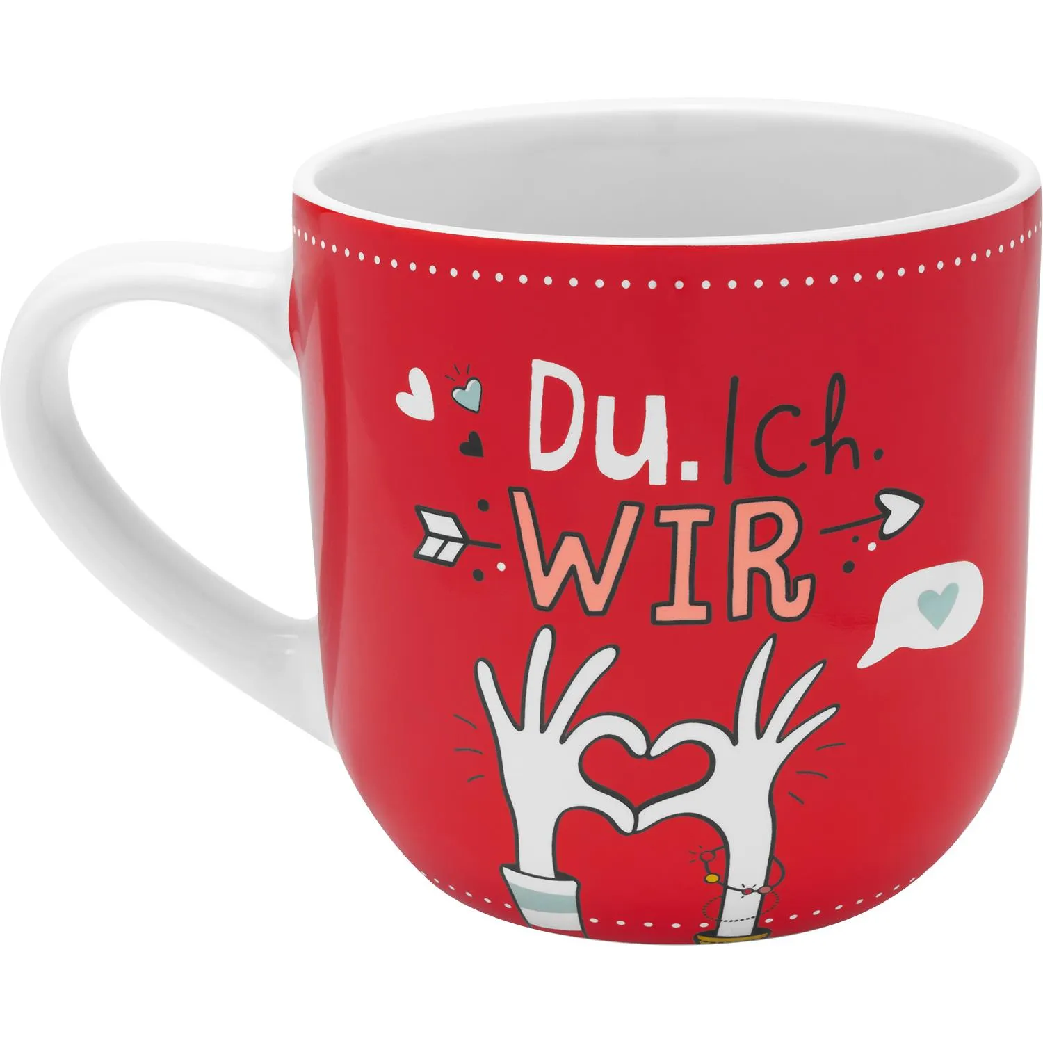 Große rote Steinzeug-Tasse mit weißem Henkel und dem Motiv 'Du.Ich.Wir'.