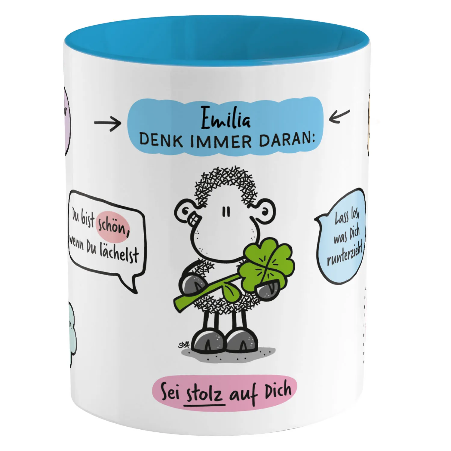 Personalisierte Porzellantasse mit Namen und Schaf-Motiv, blauer Innenraum