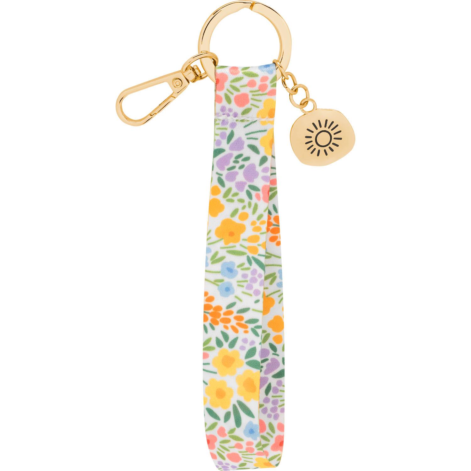 Blumiges Schlüsselband mit Sonnenanhänger, goldenen Metallteilen