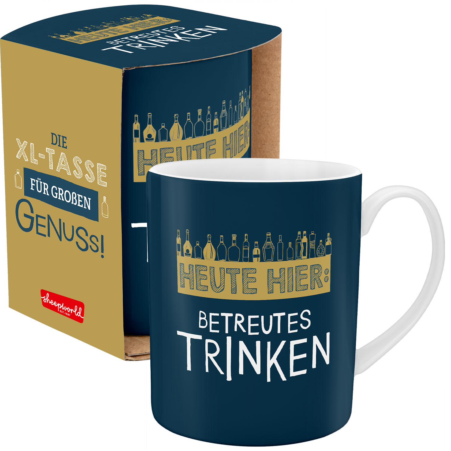 XL-Keramik-Tasse Dunkelblau mit goldenem Spruch 'HEUTE HIER: BETREUTES TRINKEN' und Flaschen-Silhouetten, Geschenkbox.