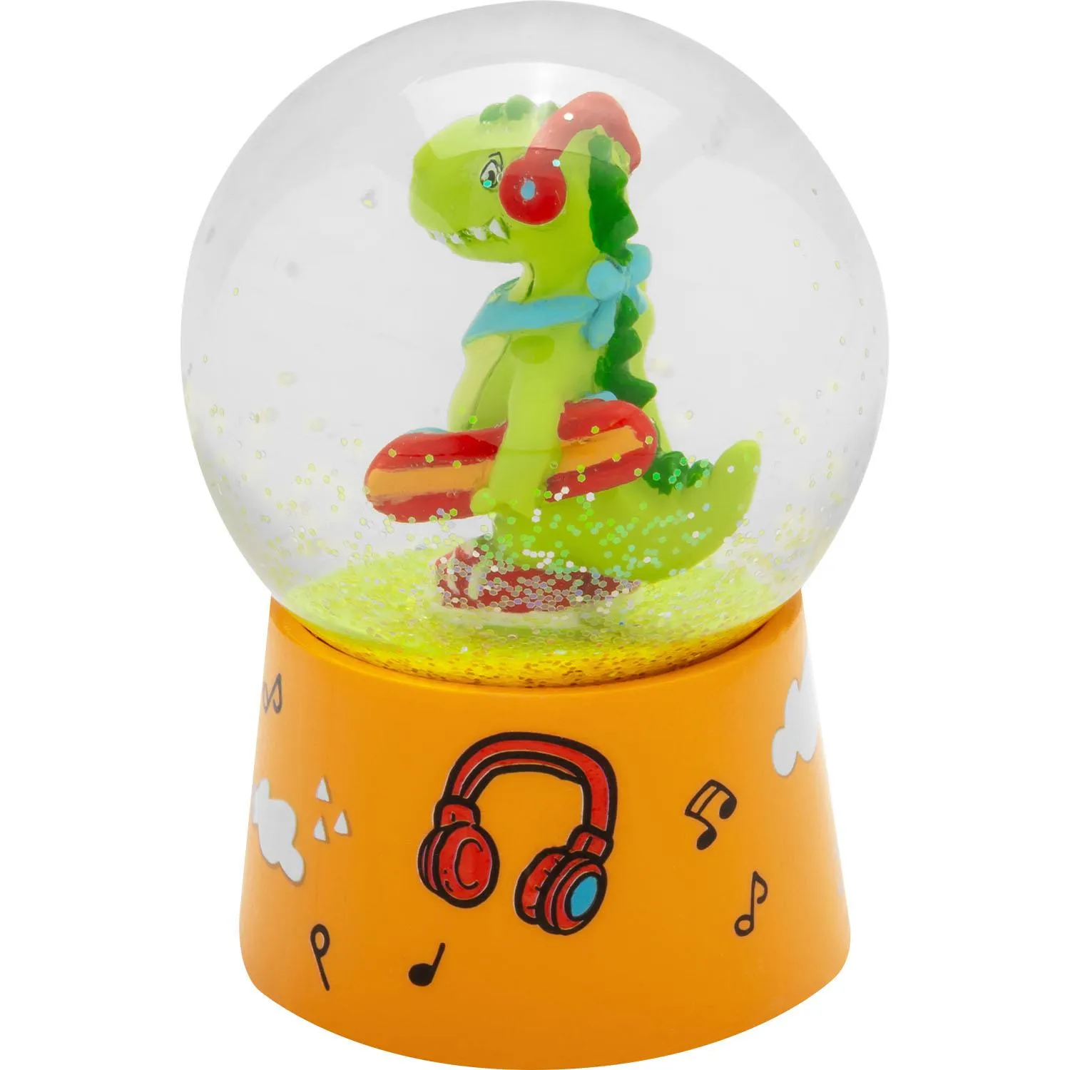 Schneekugel mit grünem Dino in oranger Basis, glitzerndem Gelb im Kugelrand.