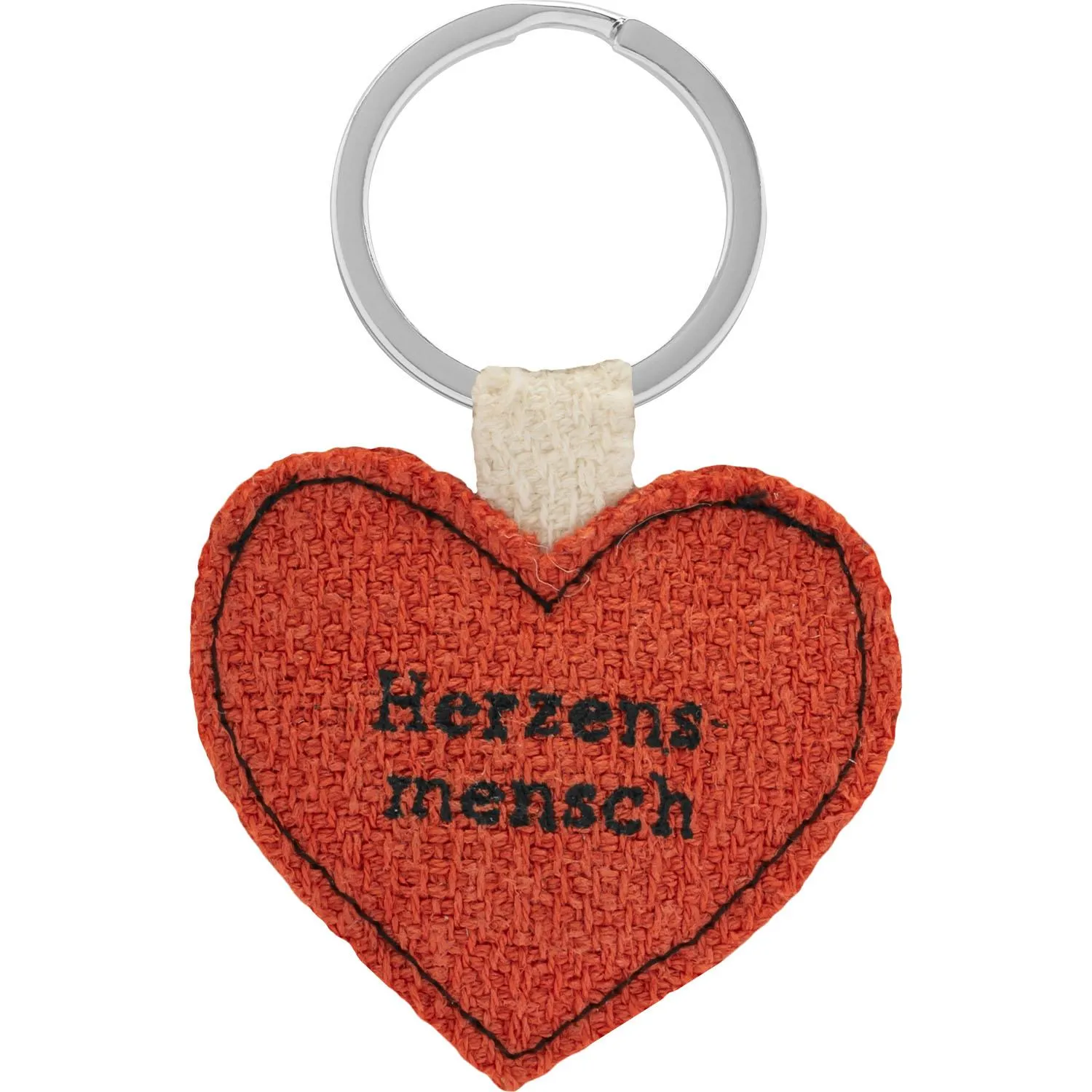 Roter Herz-Schlüsselanhänger aus Textil mit Stickerei 'Herzensmensch' und Metallring.