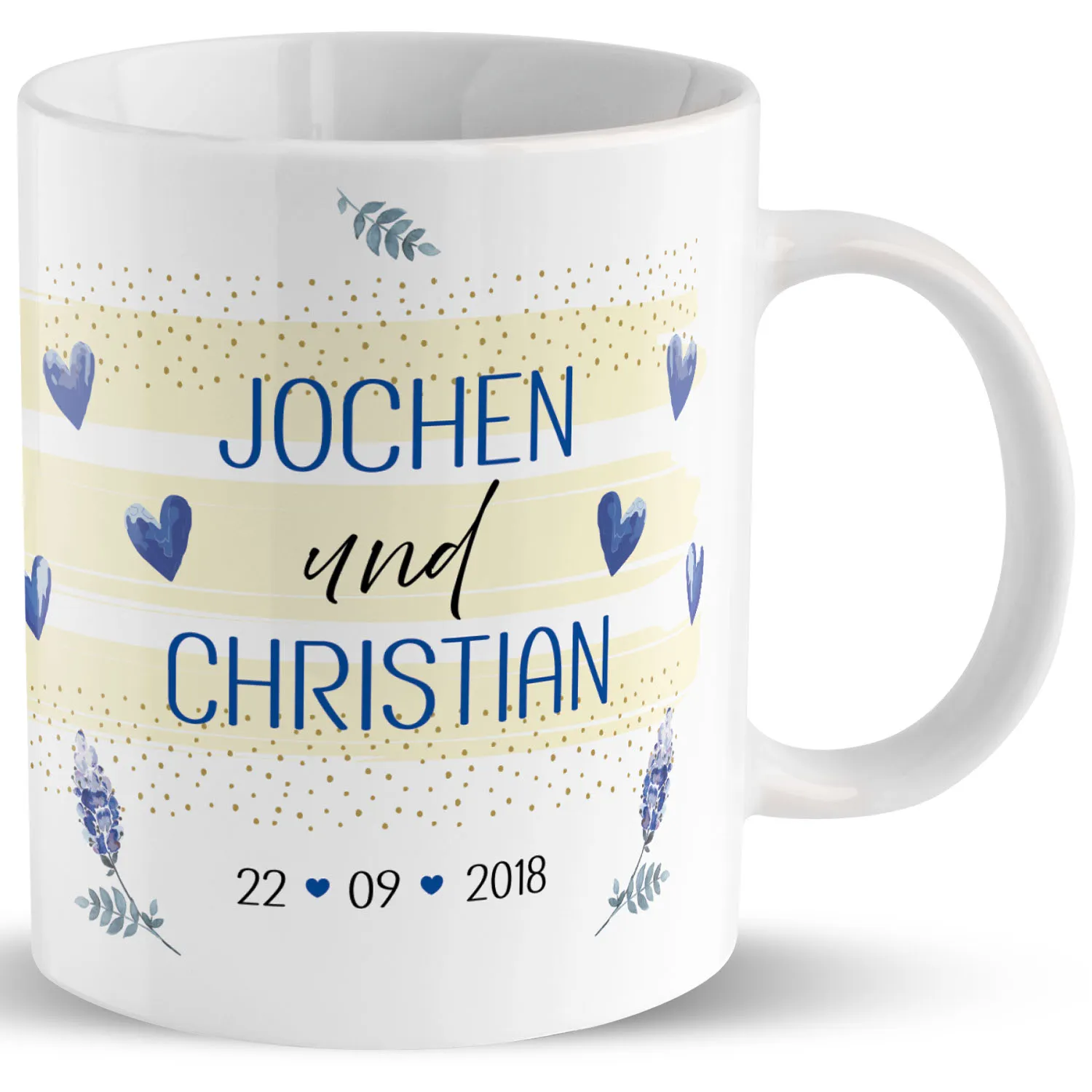 Personalisierte Porzellan-Tasse mit Namen JOCHEN und CHRISTIAN, Datum und Herzen