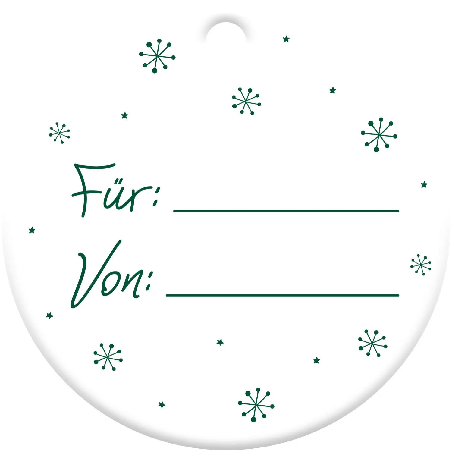 Weißes rundes Geschenketikett mit grünen Schneeflocken und Für-/Von-Felder