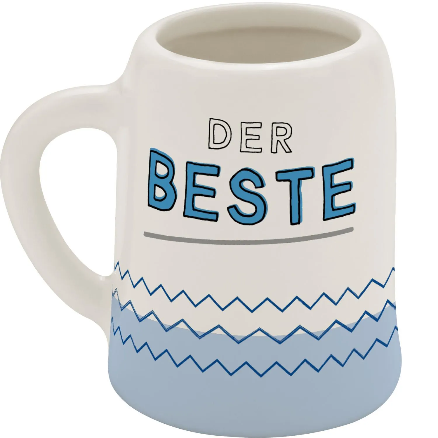 Weißer Porzellan-Schnapskrug mit blauem Schriftzug 'DER BESTE' und Zickzack-Wellen