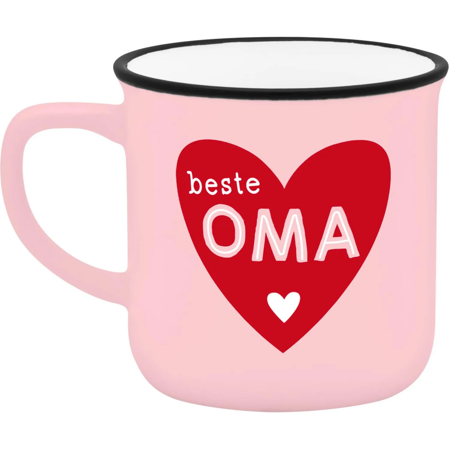 Rosa Espressobecher mit rotem Herz und 'beste Oma'-Aufschrift