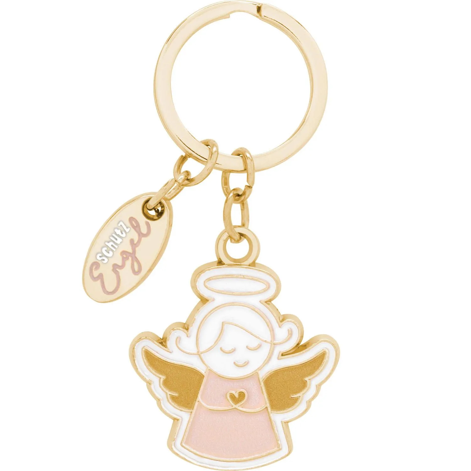 Goldener Engel-Schlüsselanhänger mit rosa Kleid und weißen Flügeln