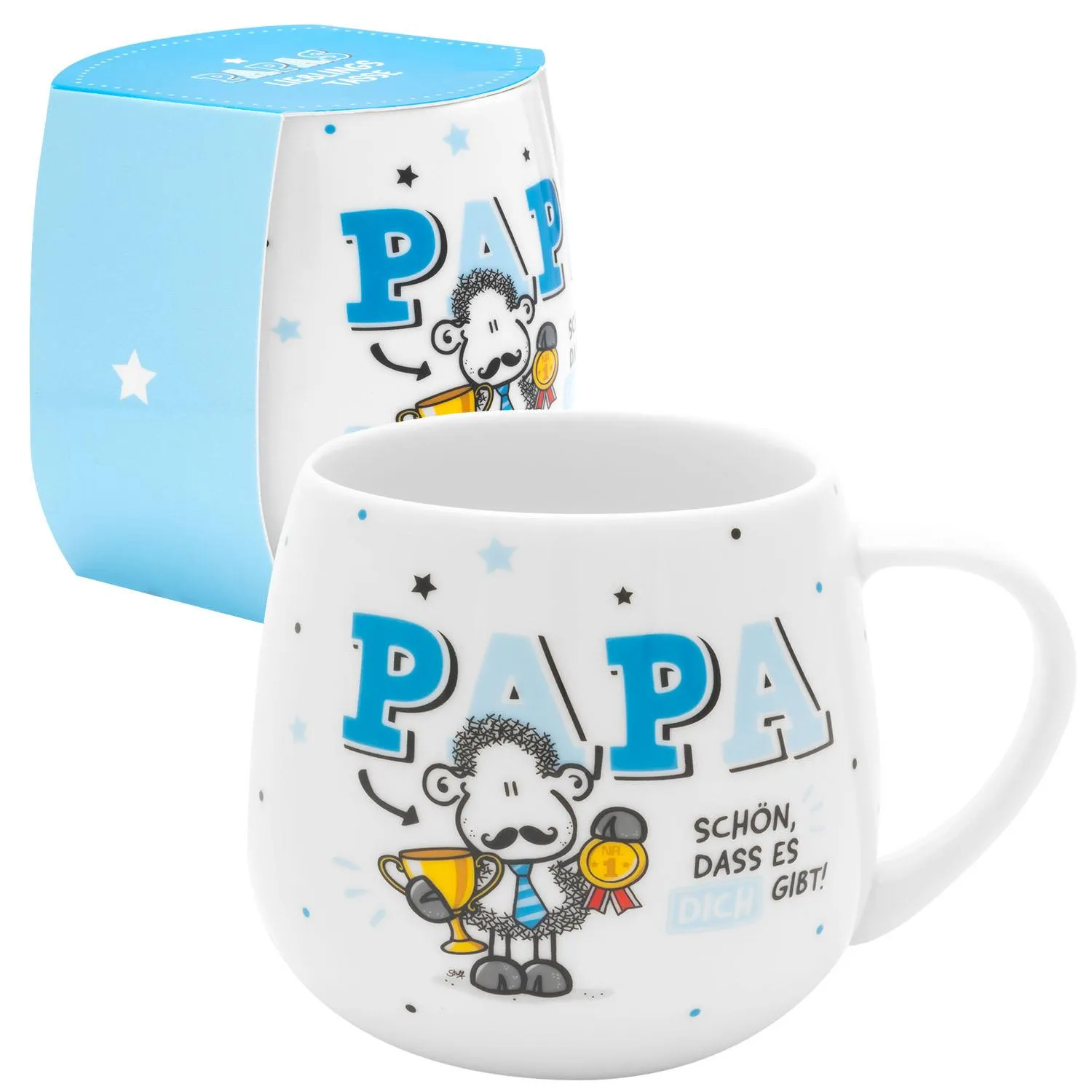 Weiße Porzellan-Tasse mit blauem PAPA-Schriftzug und Schäfchen-Motiv