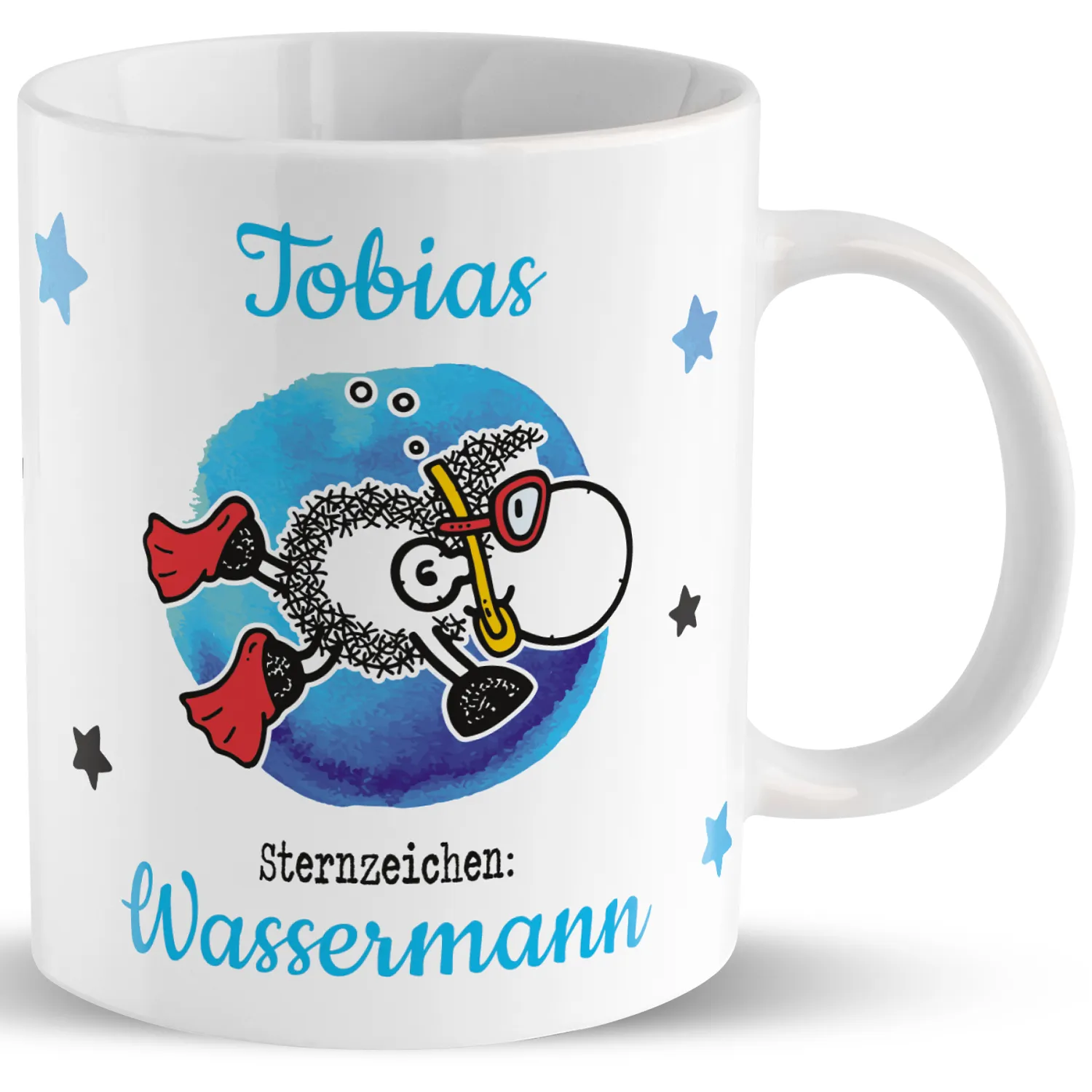 Personalisierte Porzellan-Tasse mit Sternzeichen Wassermann und dem Namen Tobias