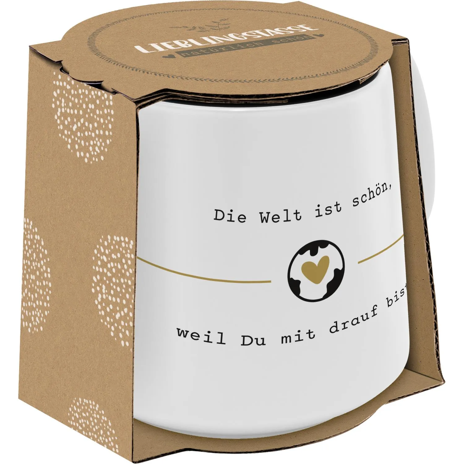Weiße konische Steinzeug-Tasse mit schwarzem Spruch 'Die Welt ist schön, weil Du mit drauf bist!'