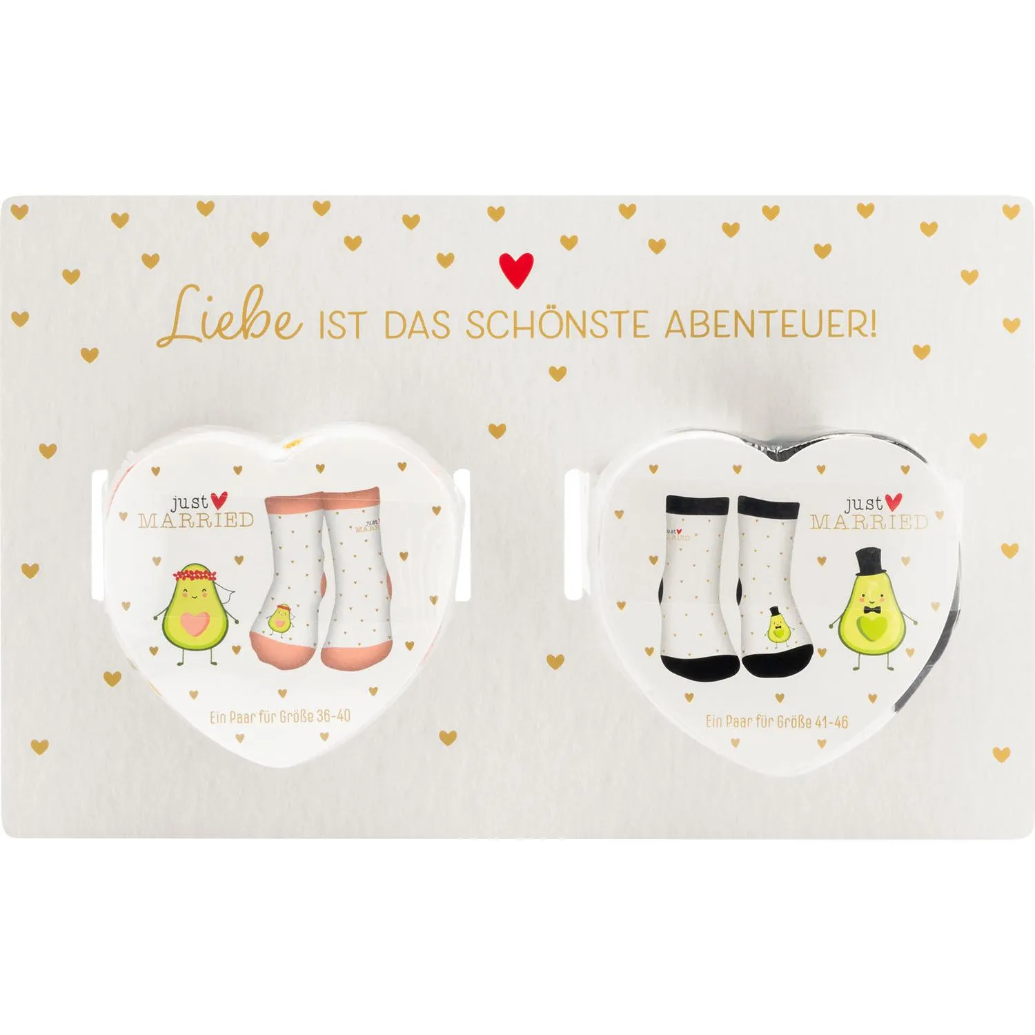 Zaubersocken-Set Just Married: zwei Paar Socken in Herz-Verpackung