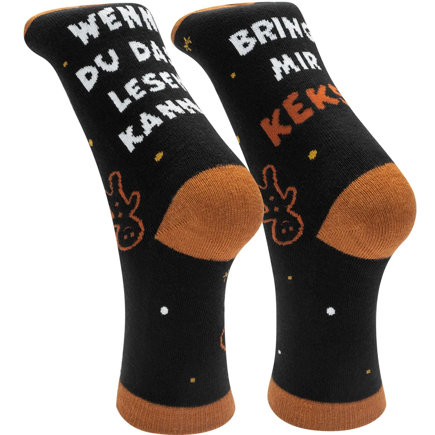 Schwarze Socken mit orangefarbenem Zehen- und Fersenbereich und Kekse-Schriftzug