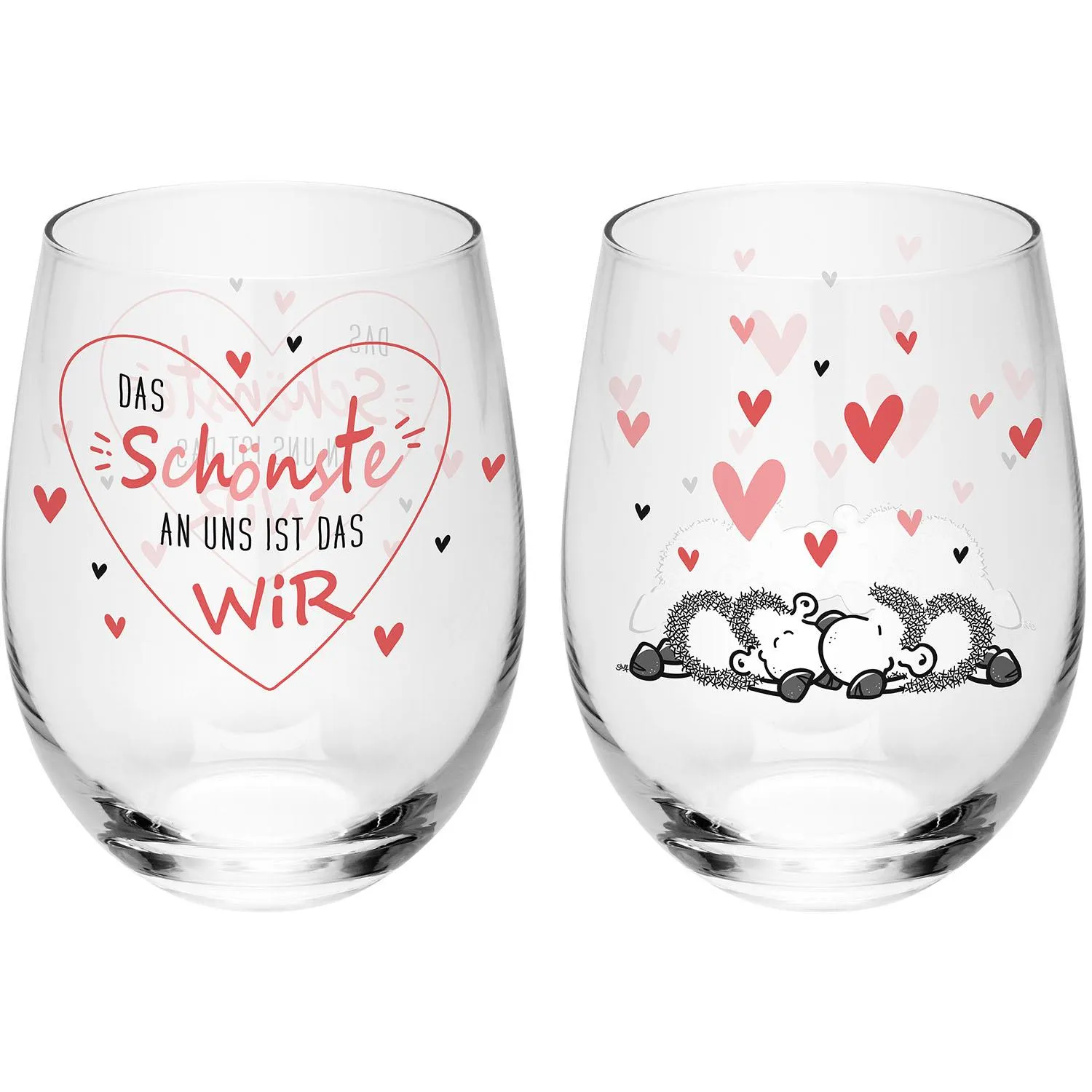 Zwei Trinkgläser mit Herz- und Schäfchen-Motiven; Spruch 'Das Schönste an uns ist das Wir'.