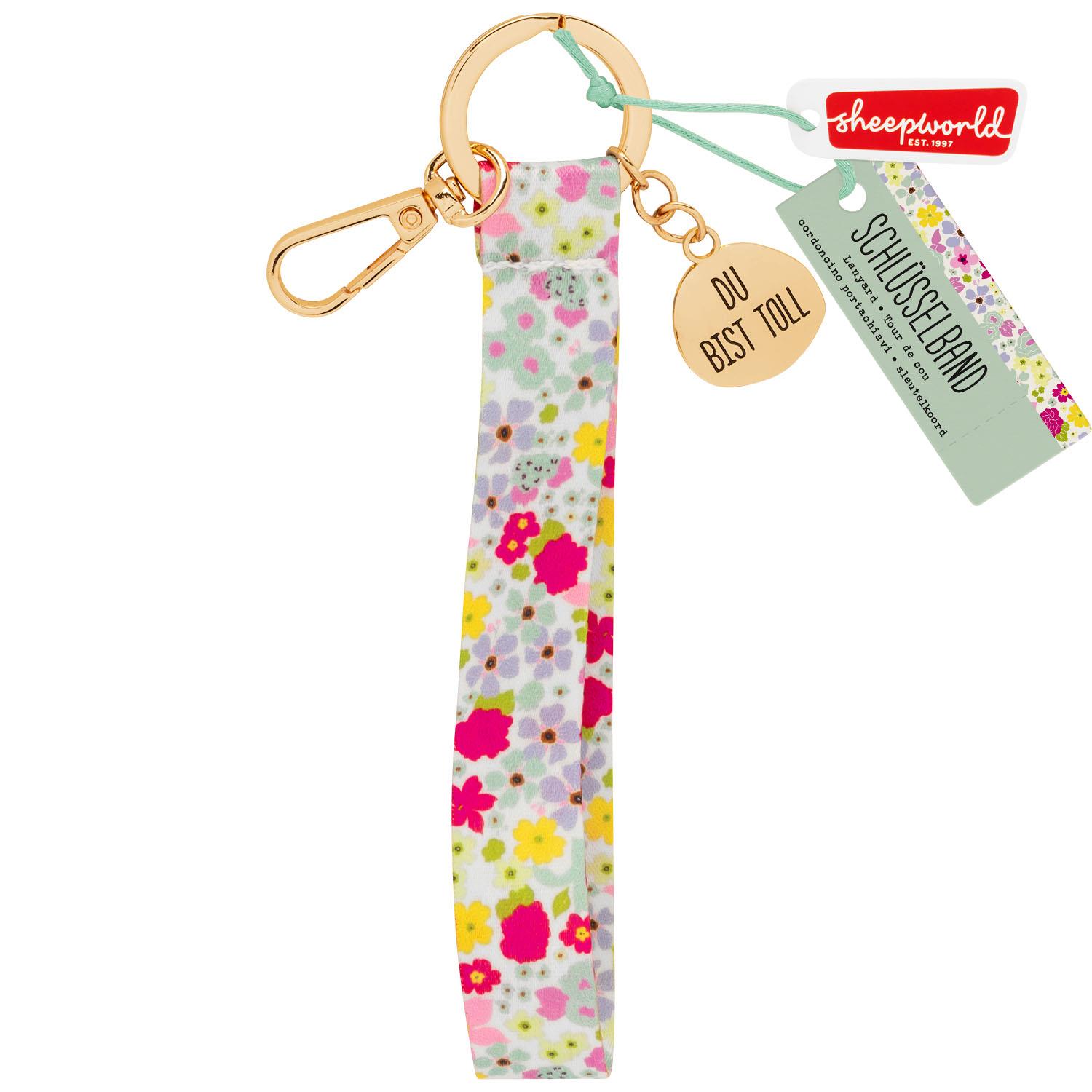 Floral gemusterter Schlüsselband-Schlüsselanhänger mit goldfarbenem Ring und Karabiner