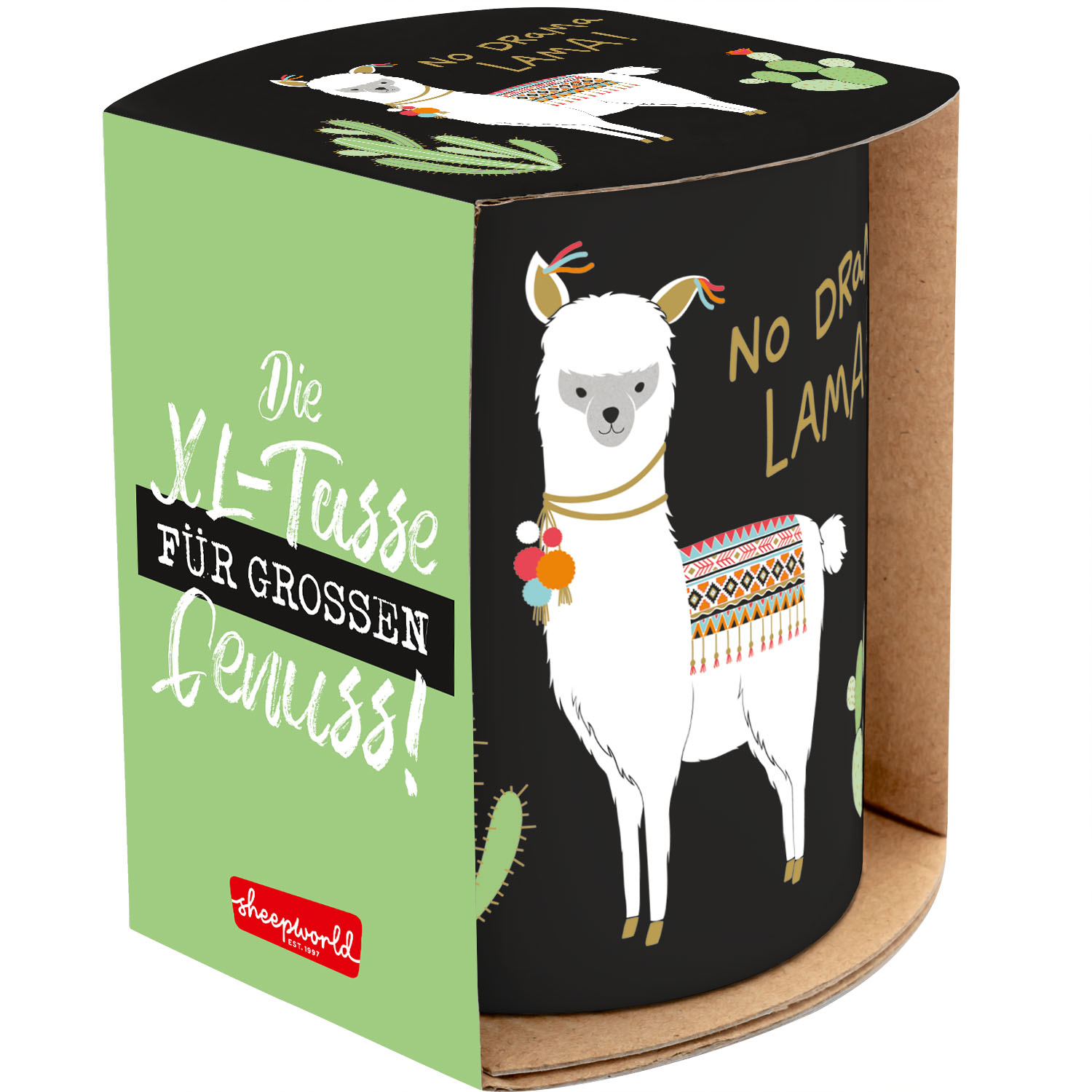 XL-Tasse aus Porzellan mit Lama-No-Drama-Motiv in Geschenkbox – fröhlich und stylisch.