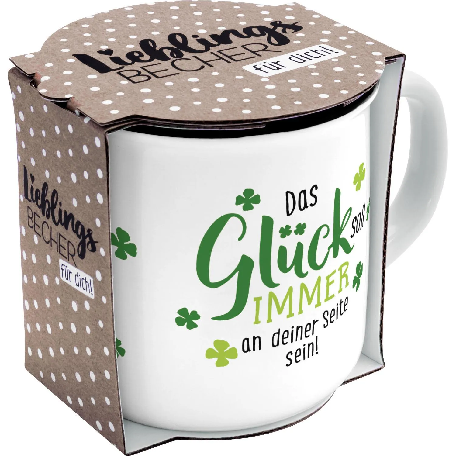 Weiße Keramik-Tasse mit grünem Glück-Motiv und Kleeblättern