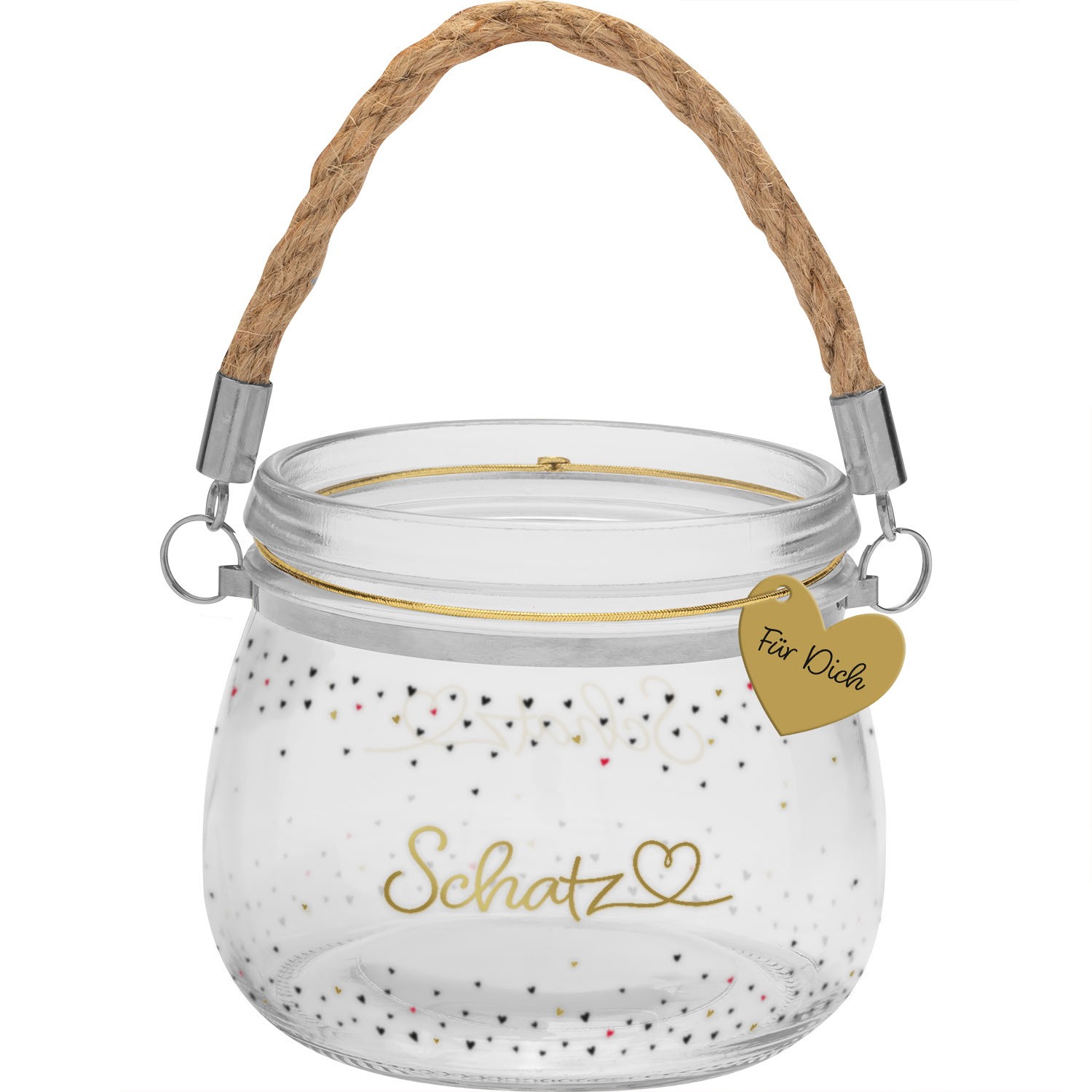Windlicht aus Glas mit goldener Schriftzug Schatz und Herz-Anhänger