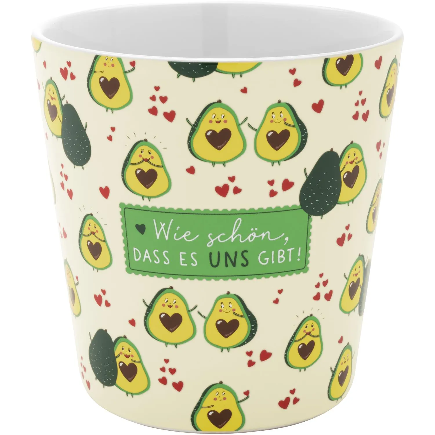 Avocado-Übertopf aus Steinzeug mit Avocado-Motiven auf cremefarbener Grundfläche