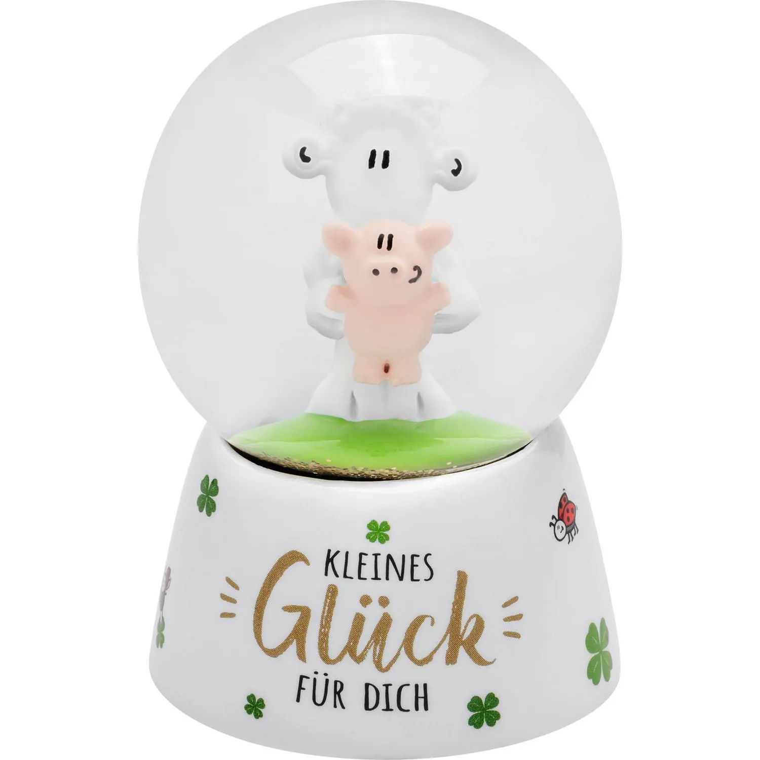 Schneekugel mit Schäfchen, das ein Ferkel hält, auf weißer Basis mit Glückssymbolen