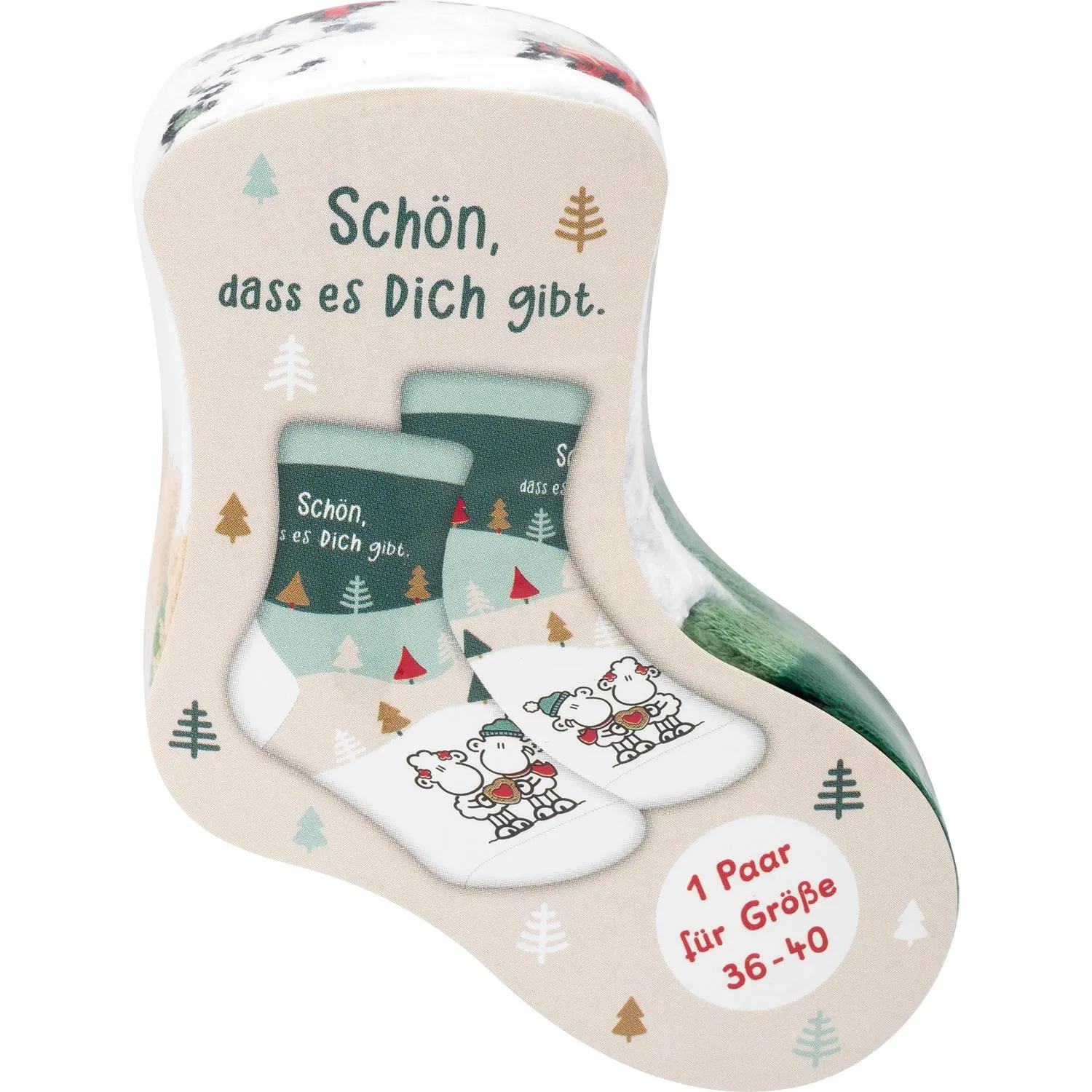 Weihnachtliche Zaubersocke mit Schaf-Motiv und Spruch Schön, dass es Dich gibt – Größe 36-40