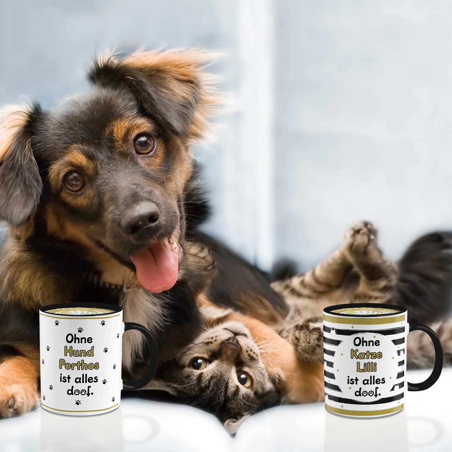 Tasse »Ohne Katze ... ist alles doof.« mit Wunschnamen, schwarz, personalisiert