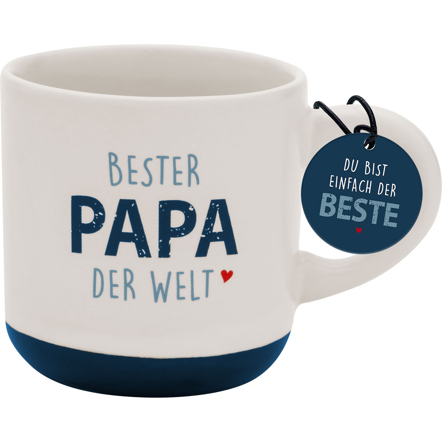 Weiße Espressotasse aus Steinzeug mit blauer Aufschrift BESTER PAPA DER WELT und dunklem Boden