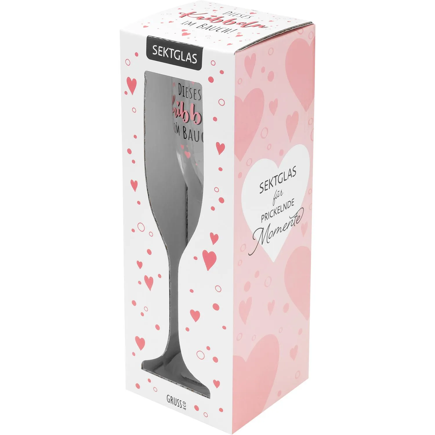 Sektglas in Geschenkbox mit Herzmotiv und Liebesbotschaft