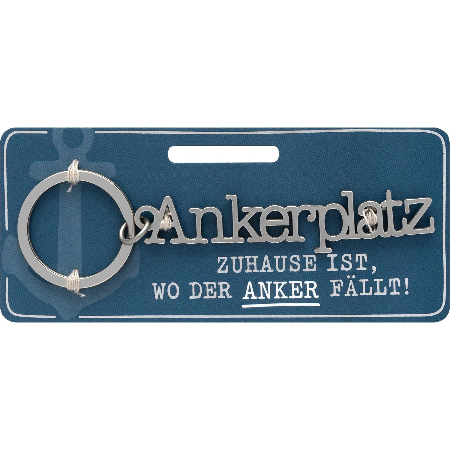 Silberner Edelstahl-Schlüsselanhänger mit Schriftzug Ankerplatz, Länge 10,5 cm, inkl. Schlüsselring.