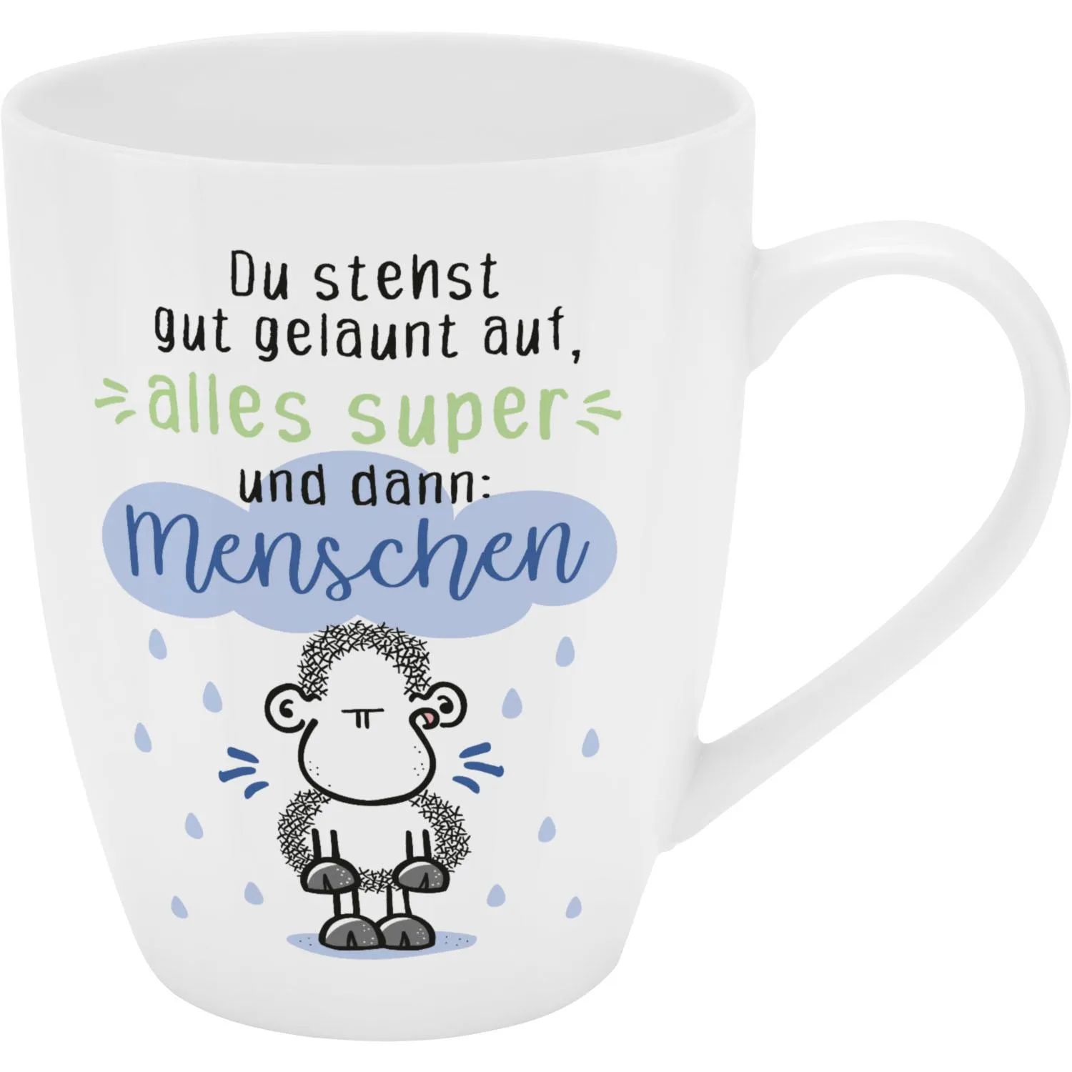 Weiße Porzellantasse mit Monkey-Motiv und Spruch; Geschenkbox inklusive.