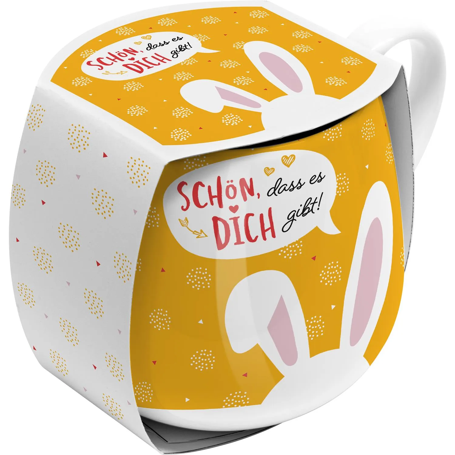 Porzellan-Tasse mit gelbem Osterdesign, weißem Hasen und rotem Spruch