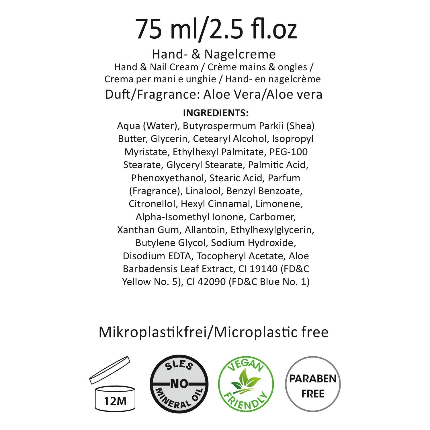 75 ml Hand- & Nagelcreme in weißer Tube mit Aloe-Vera-Duft