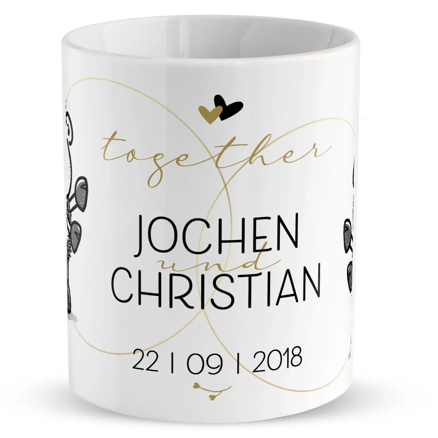 Weiße Porzellan-Tasse mit goldenen Linien, personalisiert mit JOCHEN und CHRISTIAN und Datum 22.09.2018.
