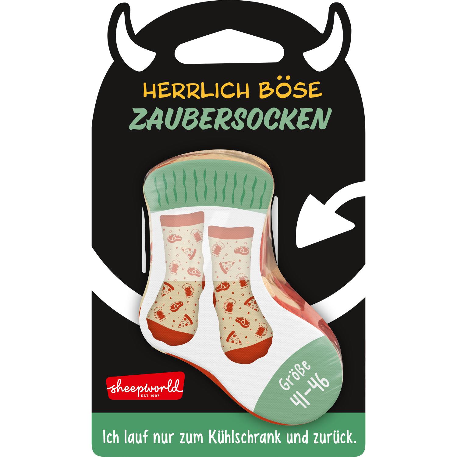 Zaubersocken Kühlschrank – beige Design mit Pizza- und Biermotiven, Größe 41–46, 1 Paar