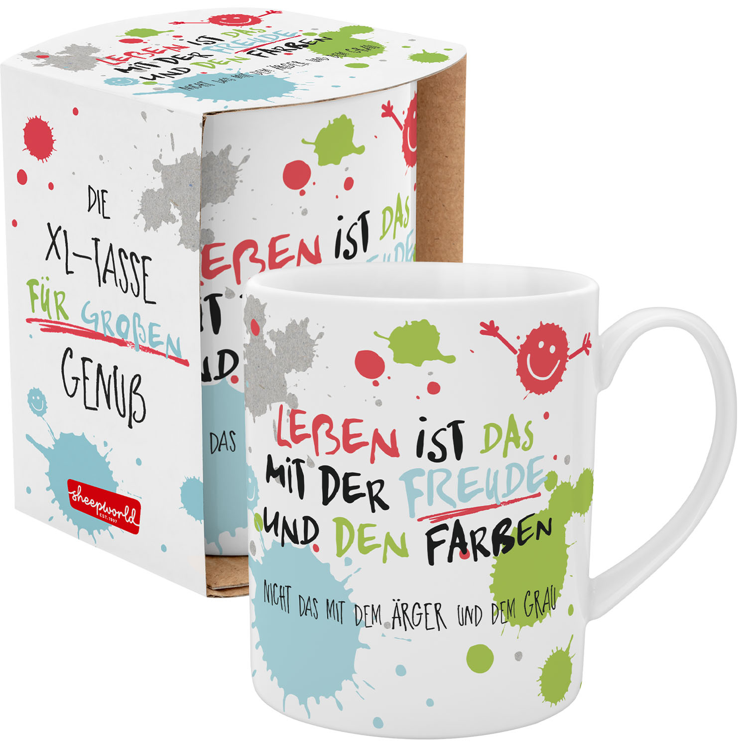 XL-Tasse aus Porzellan mit bunten Farbflecken und Spruch.