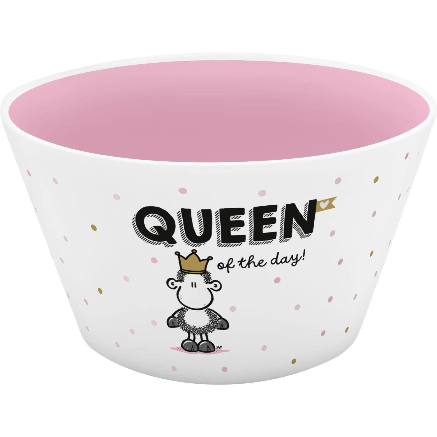 Weiße Porzellanschale mit pinkem Innenraum und Schäfchen mit Krone