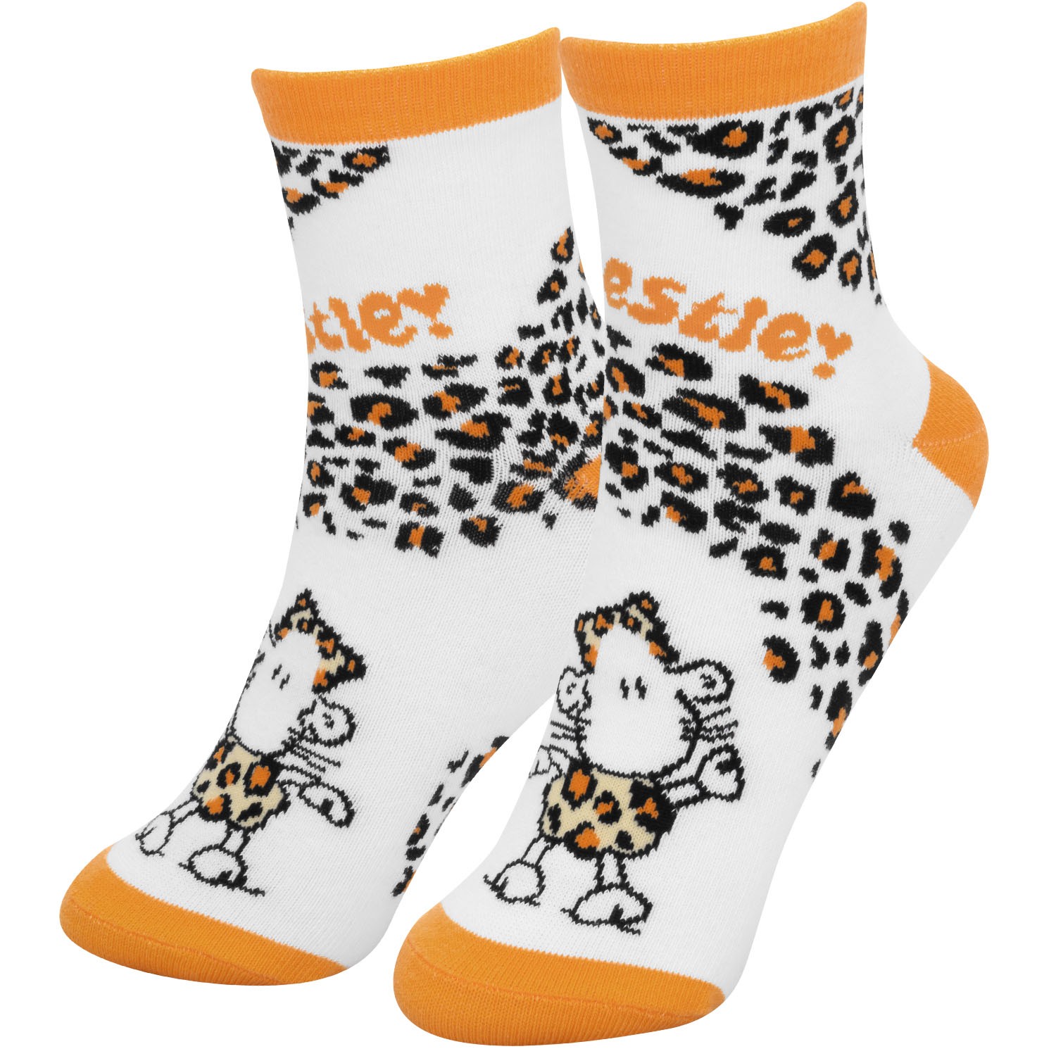Weiße Socken mit orangefarbenem Rand, Leopardenmuster und Schäfchenmotiven – Bestie!